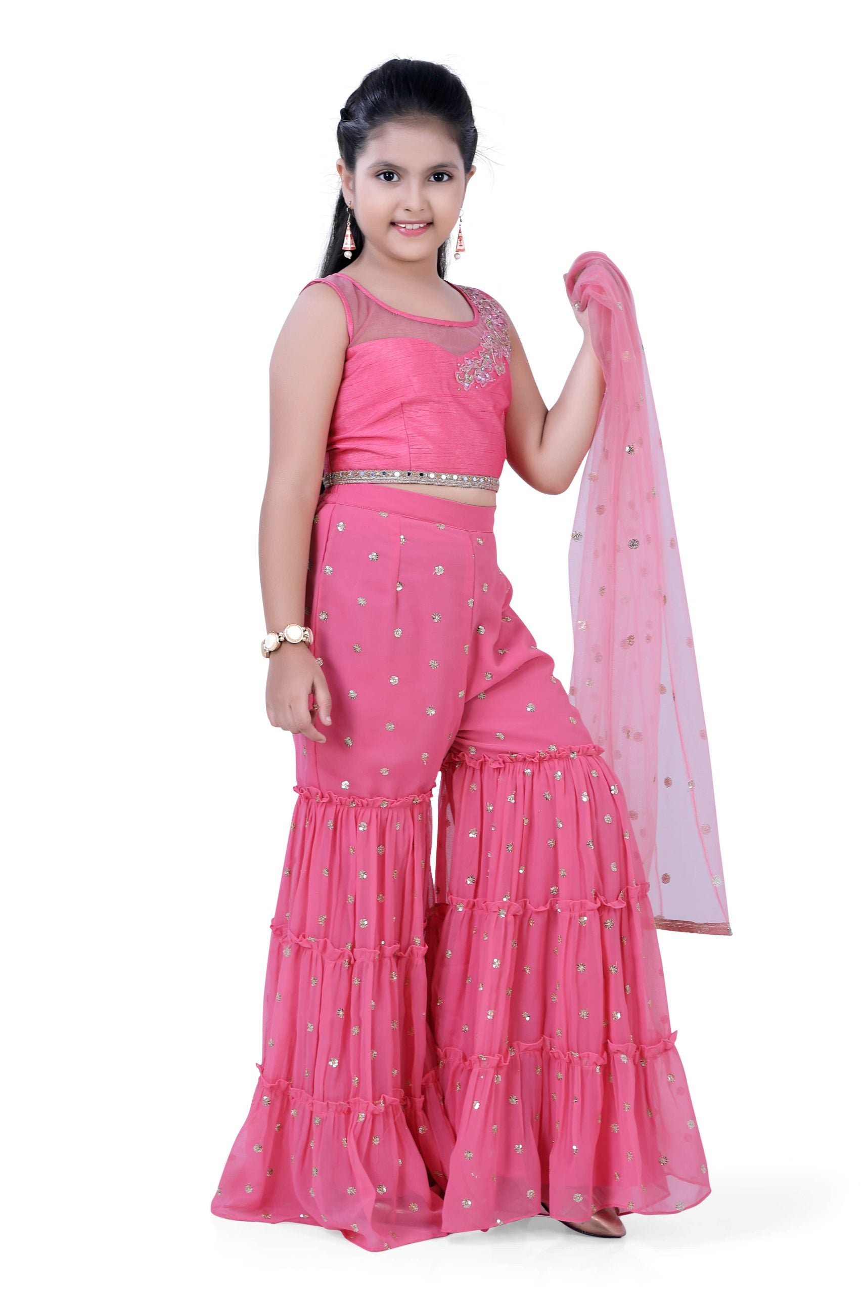 Girls Top & Gazing Palazzo With Dupatta in Rose Pink Color