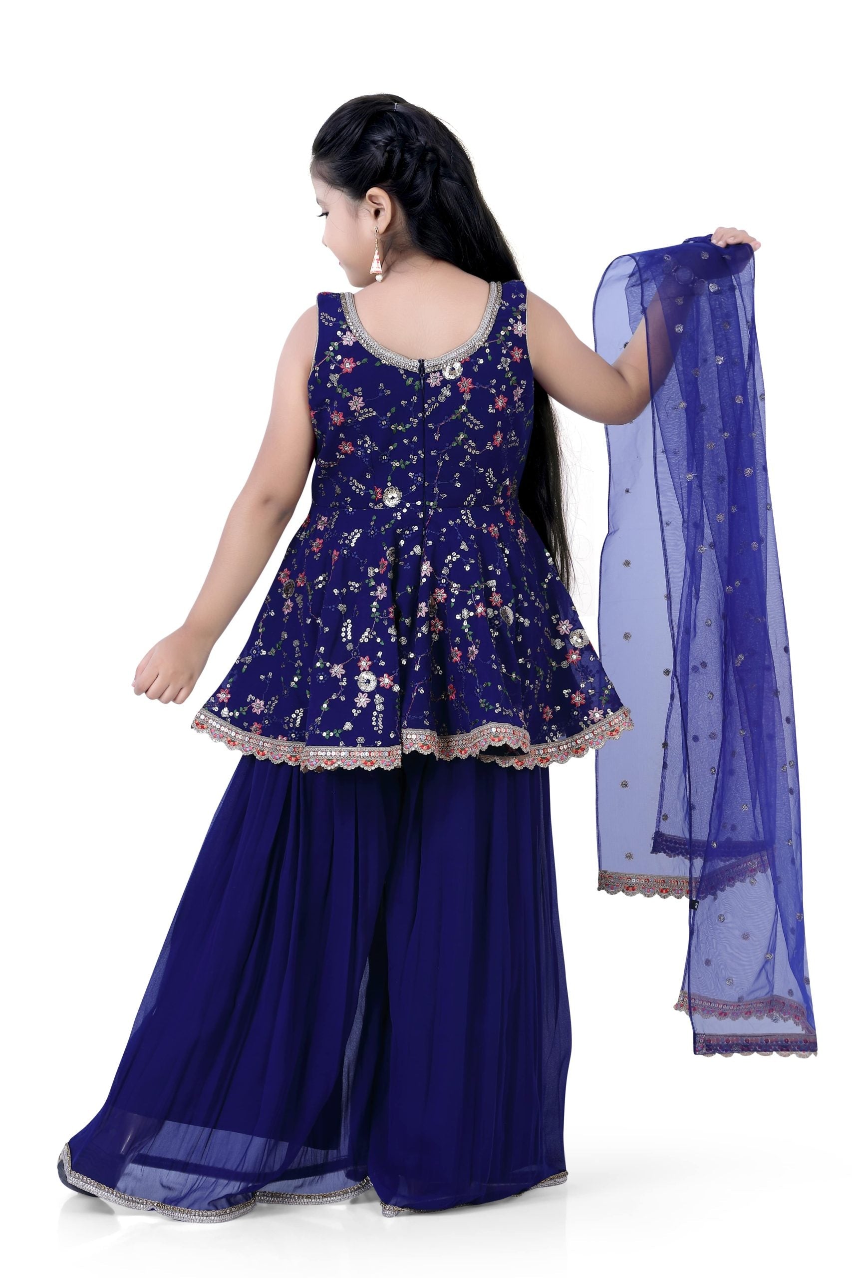 Girls Short Top & Palazzo With Dupatta in Navy Blue Color