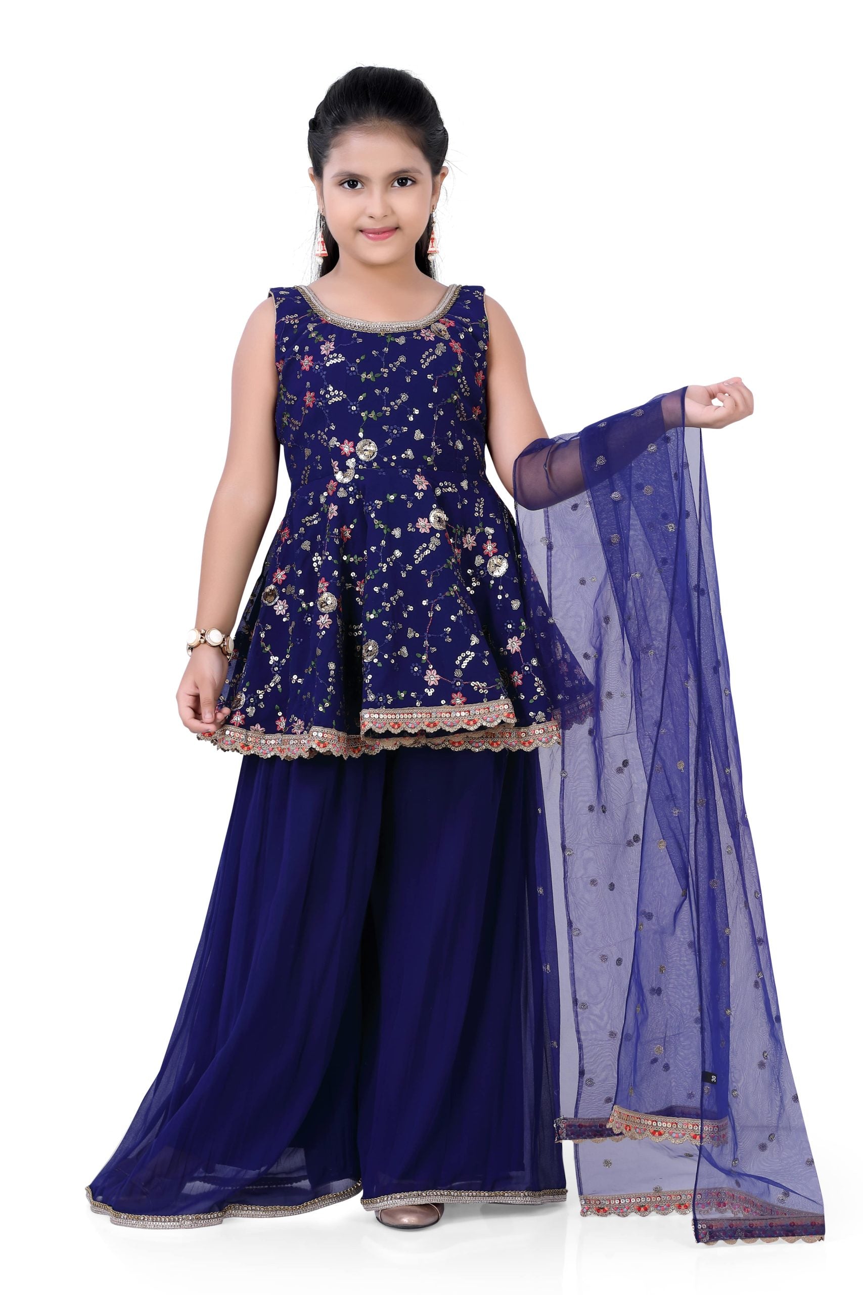 Girls Short Top & Palazzo With Dupatta in Navy Blue Color