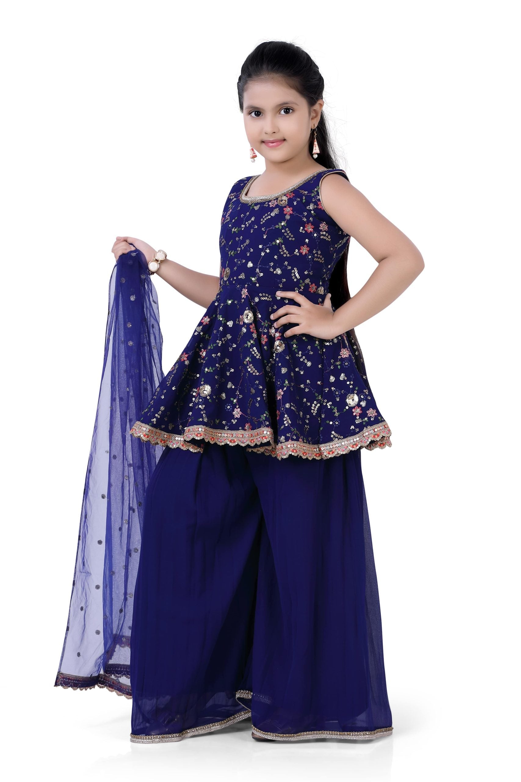 Girls Short Top & Palazzo With Dupatta in Navy Blue Color