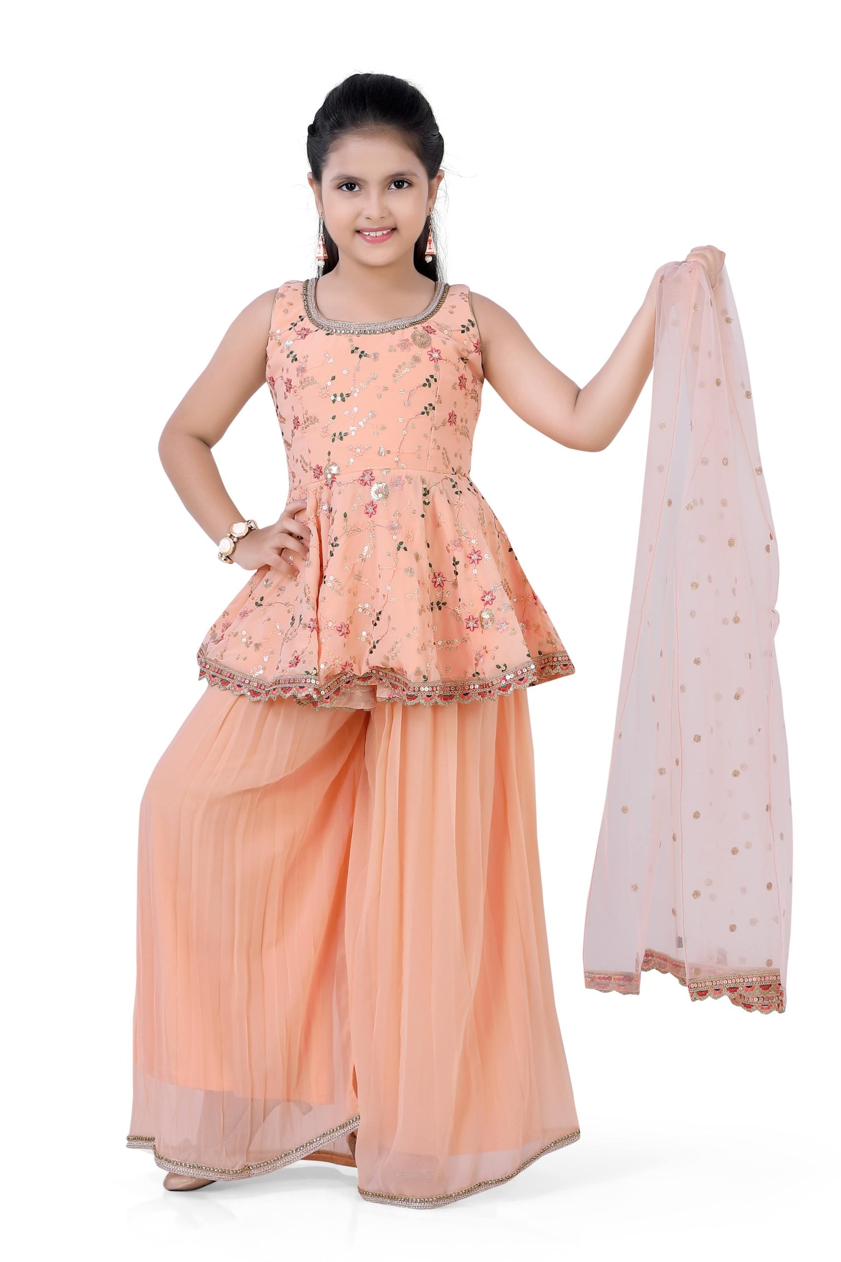 Girls Short Top & Palazzo With Dupatta in Apricot Color