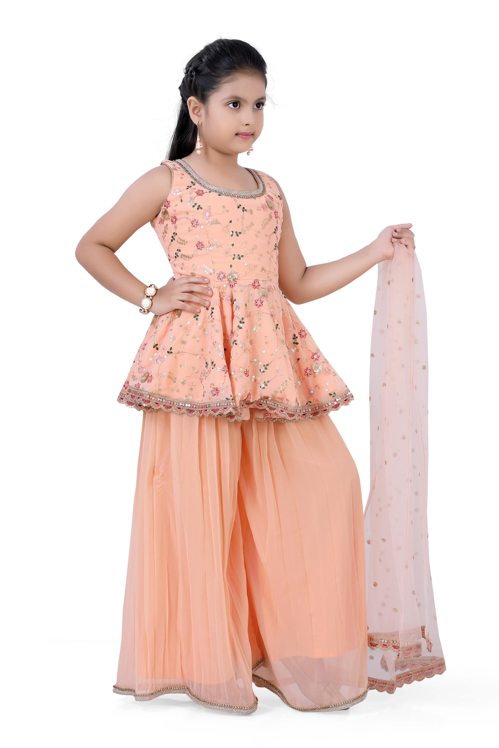 Girls Short Top & Palazzo With Dupatta in Apricot Color