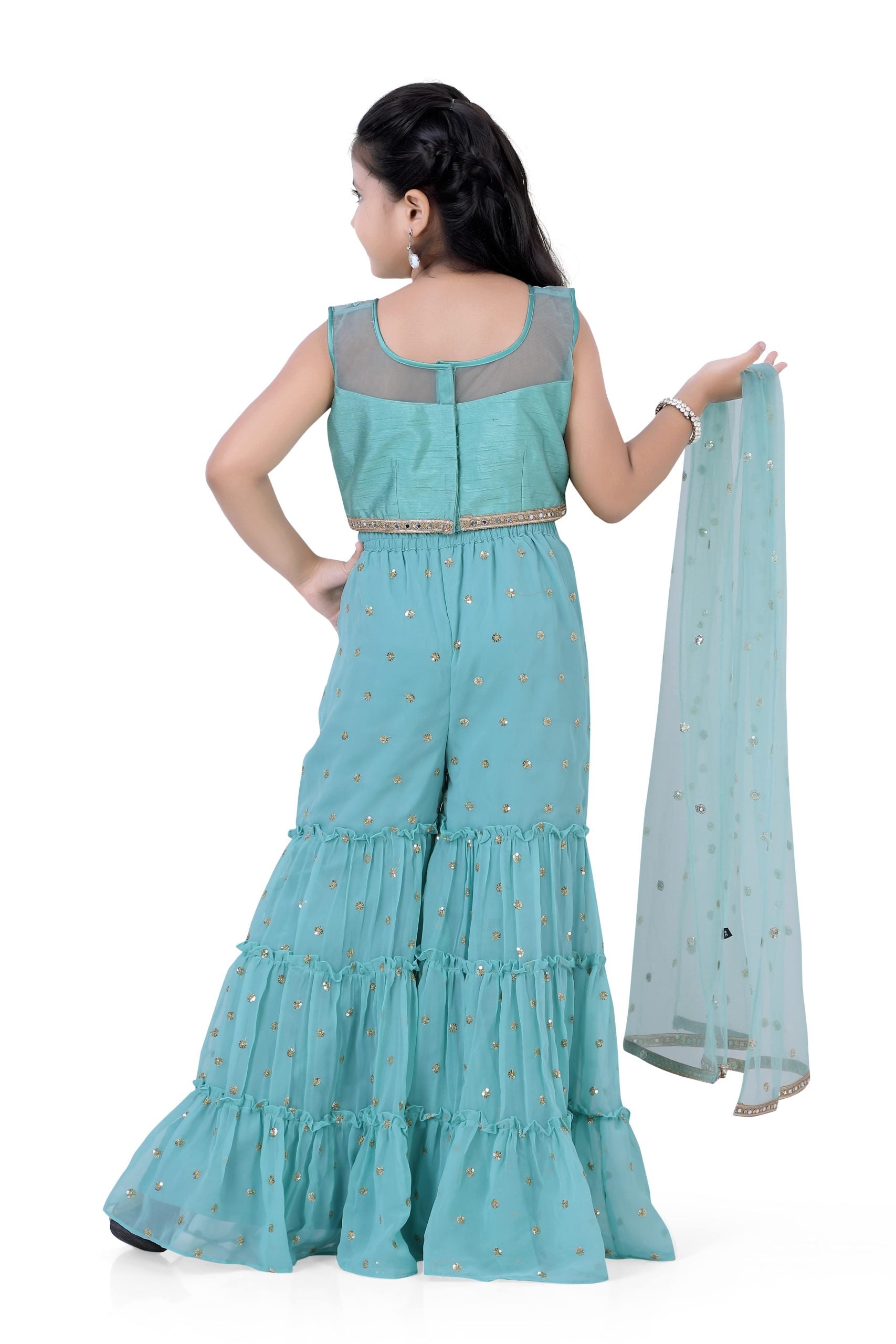 Girls Top & Gazing Palazzo With Dupatta in Sea Green Color