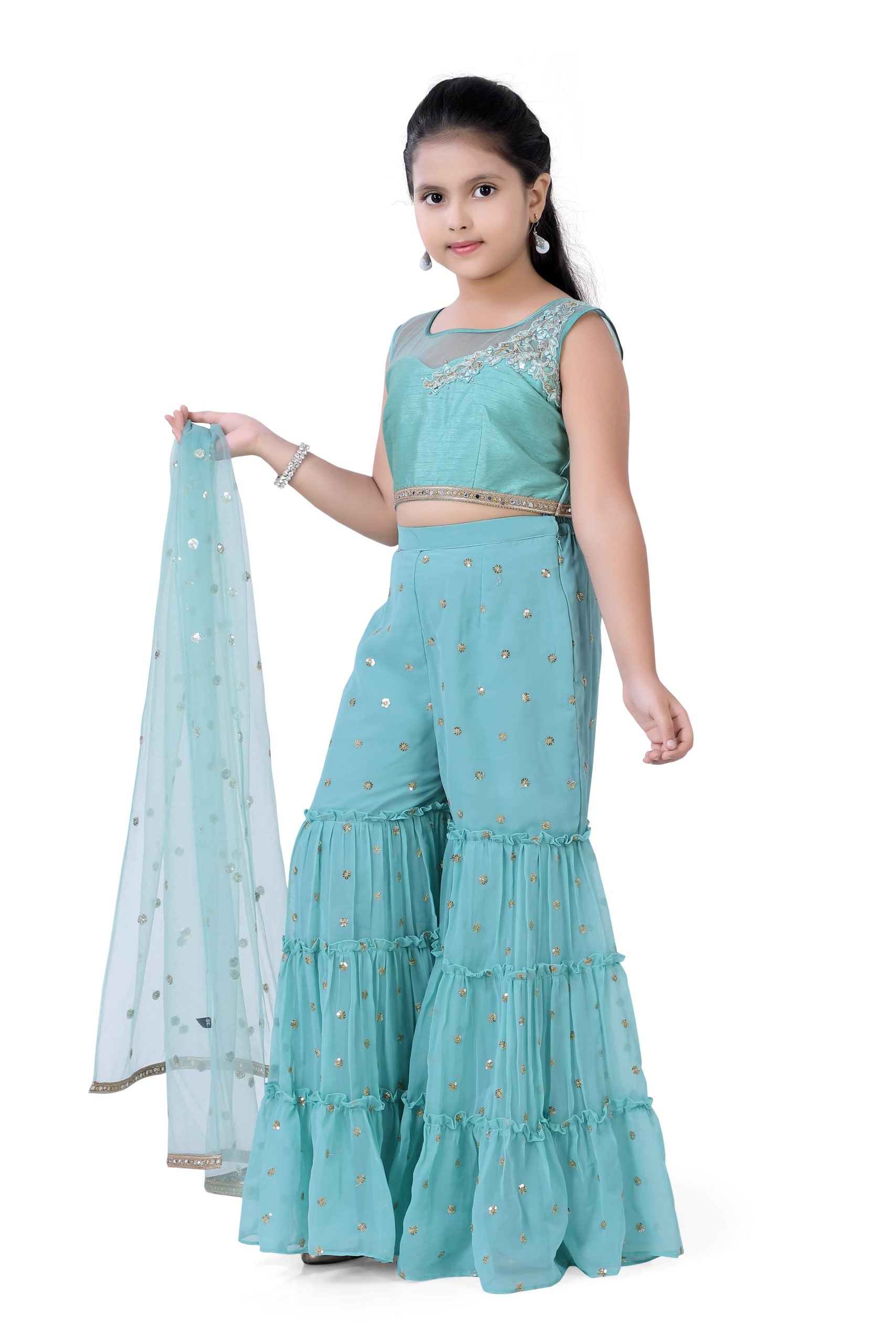 Girls Top & Gazing Palazzo With Dupatta in Sea Green Color
