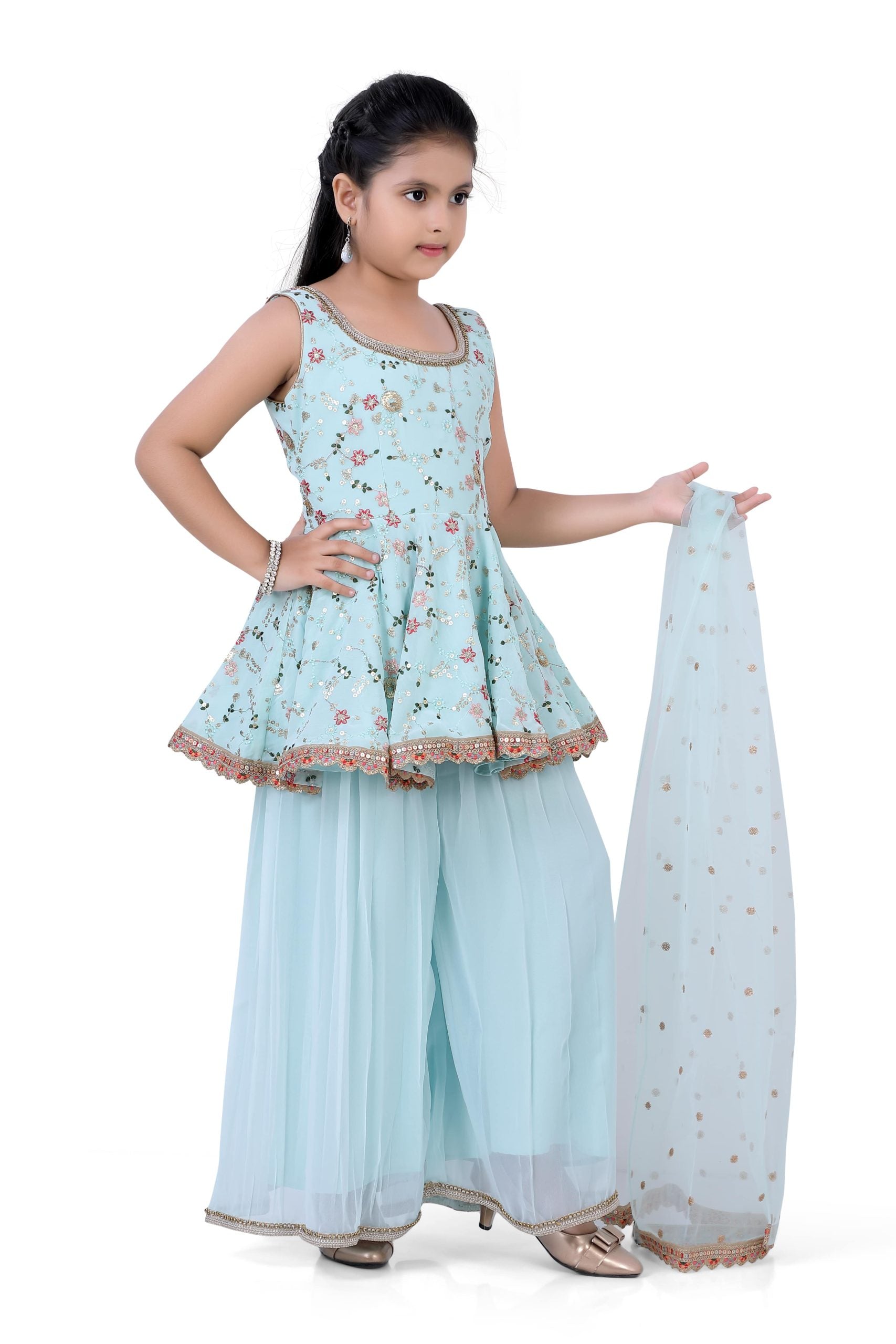 Girls Short Top & Palazzo With Dupatta in Aqua Blue Color