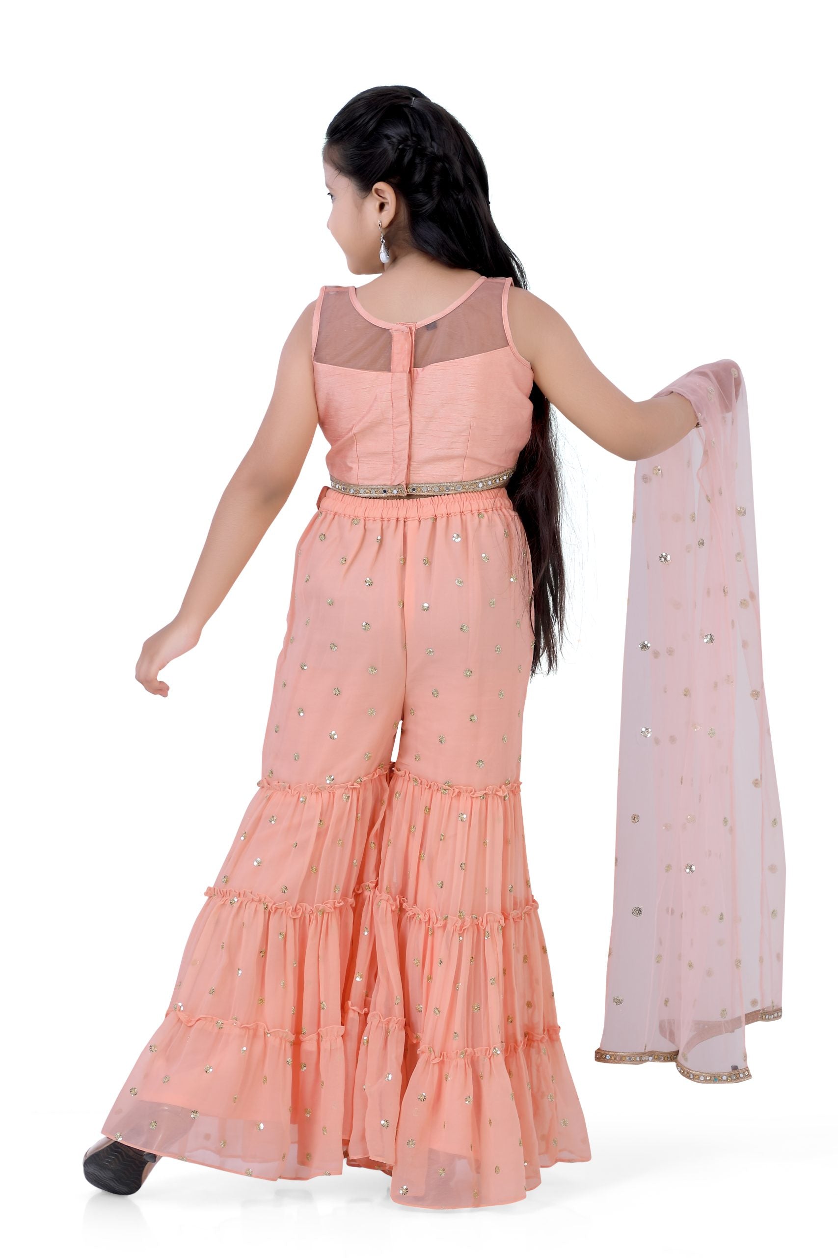 Girls Top & Gazing Palazzo With Dupatta in Peach Color