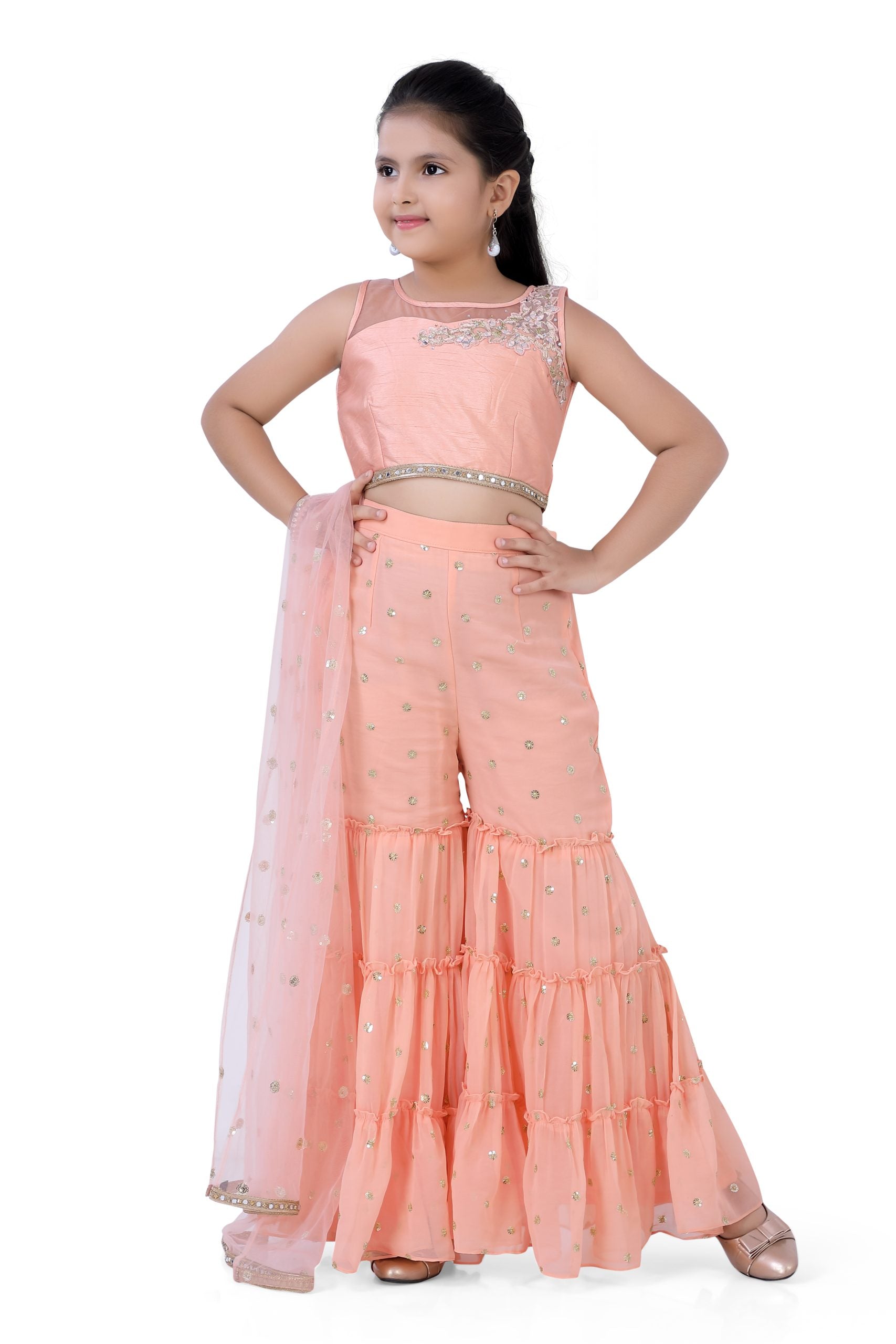 Girls Top & Gazing Palazzo With Dupatta in Peach Color