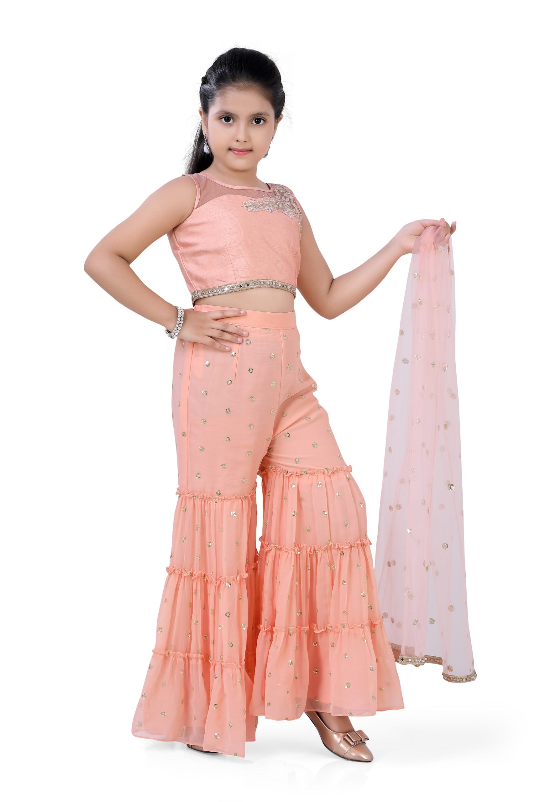 Girls Top & Gazing Palazzo With Dupatta in Peach Color