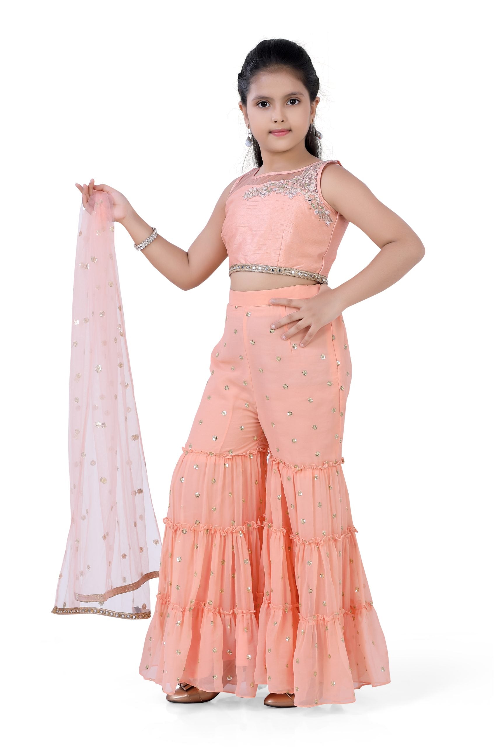 Girls Top & Gazing Palazzo With Dupatta in Peach Color