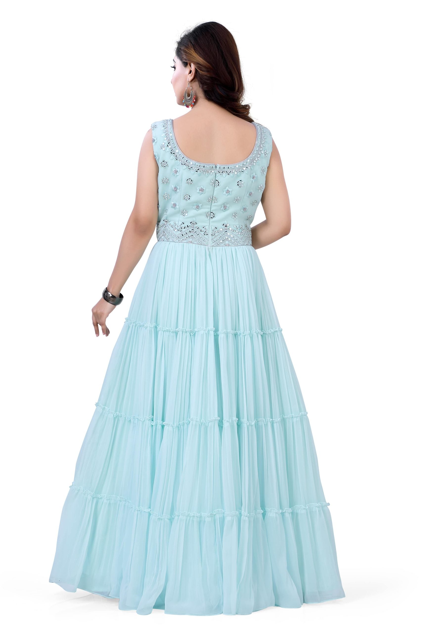 Sky Blue Gazing Gown with Mirror Work