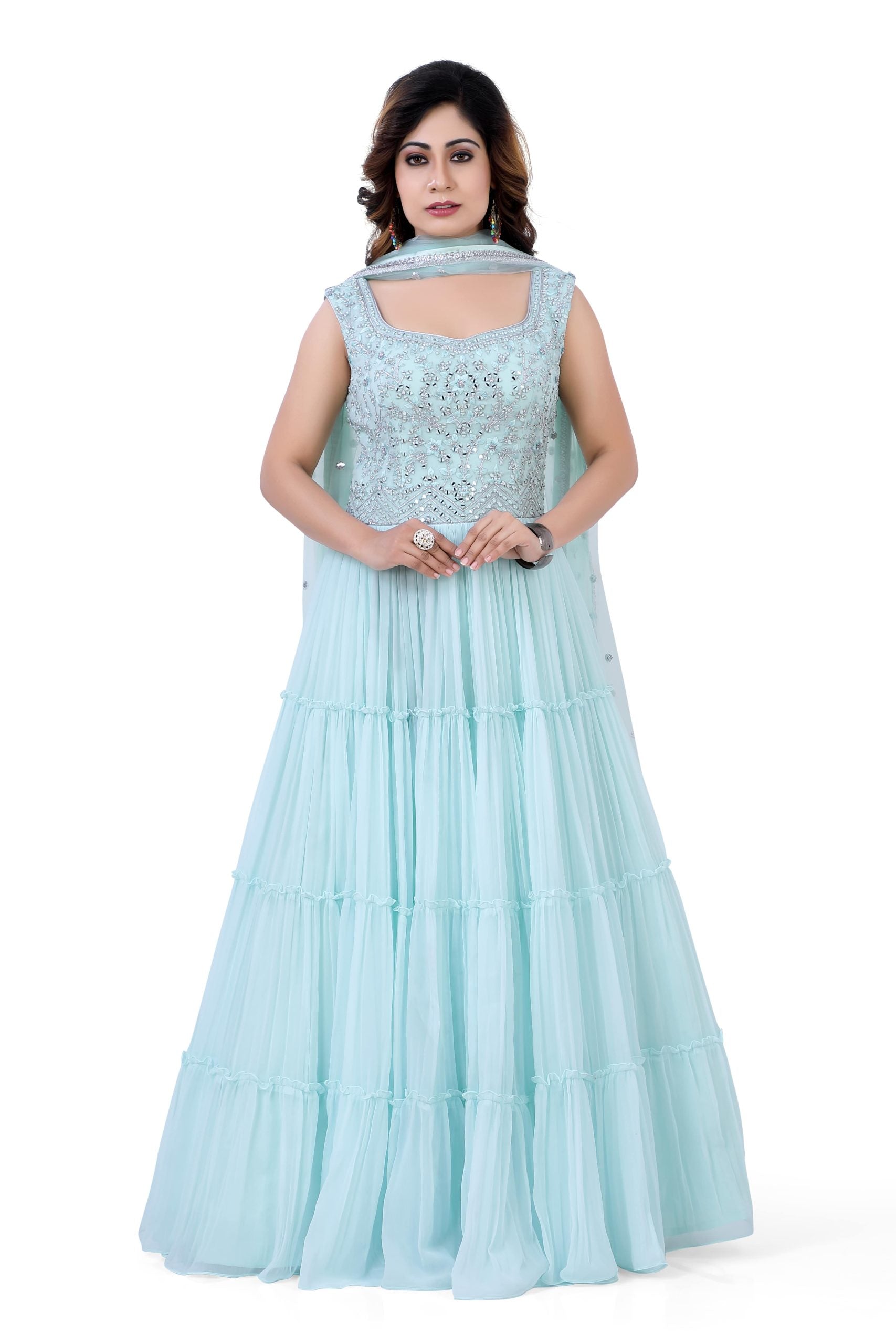 Sky Blue Gazing Gown with Mirror Work