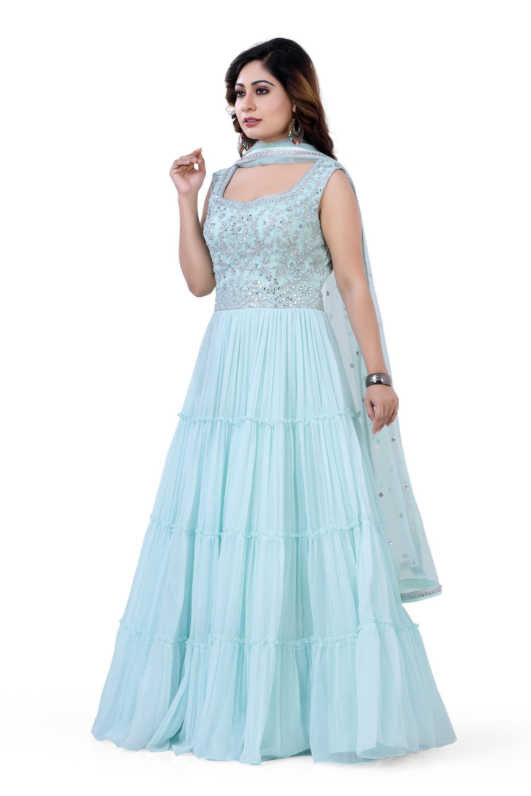 Sky Blue Gazing Gown with Mirror Work