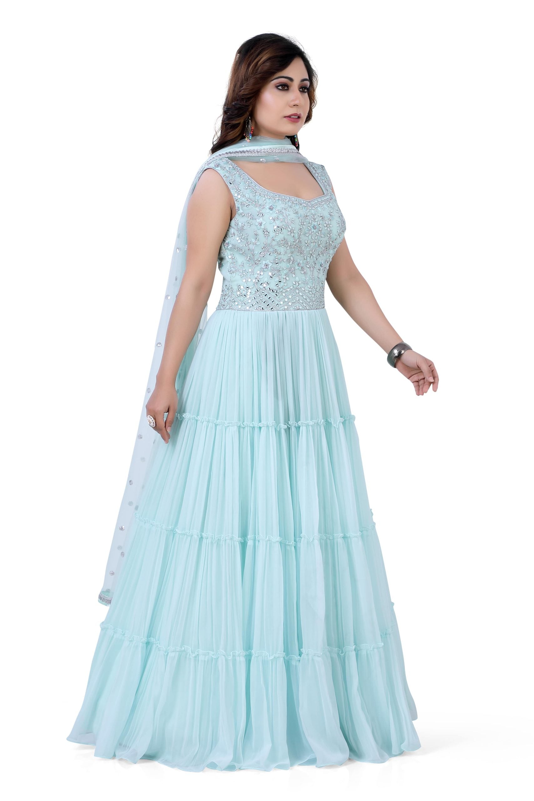 Sky Blue Gazing Gown with Mirror Work