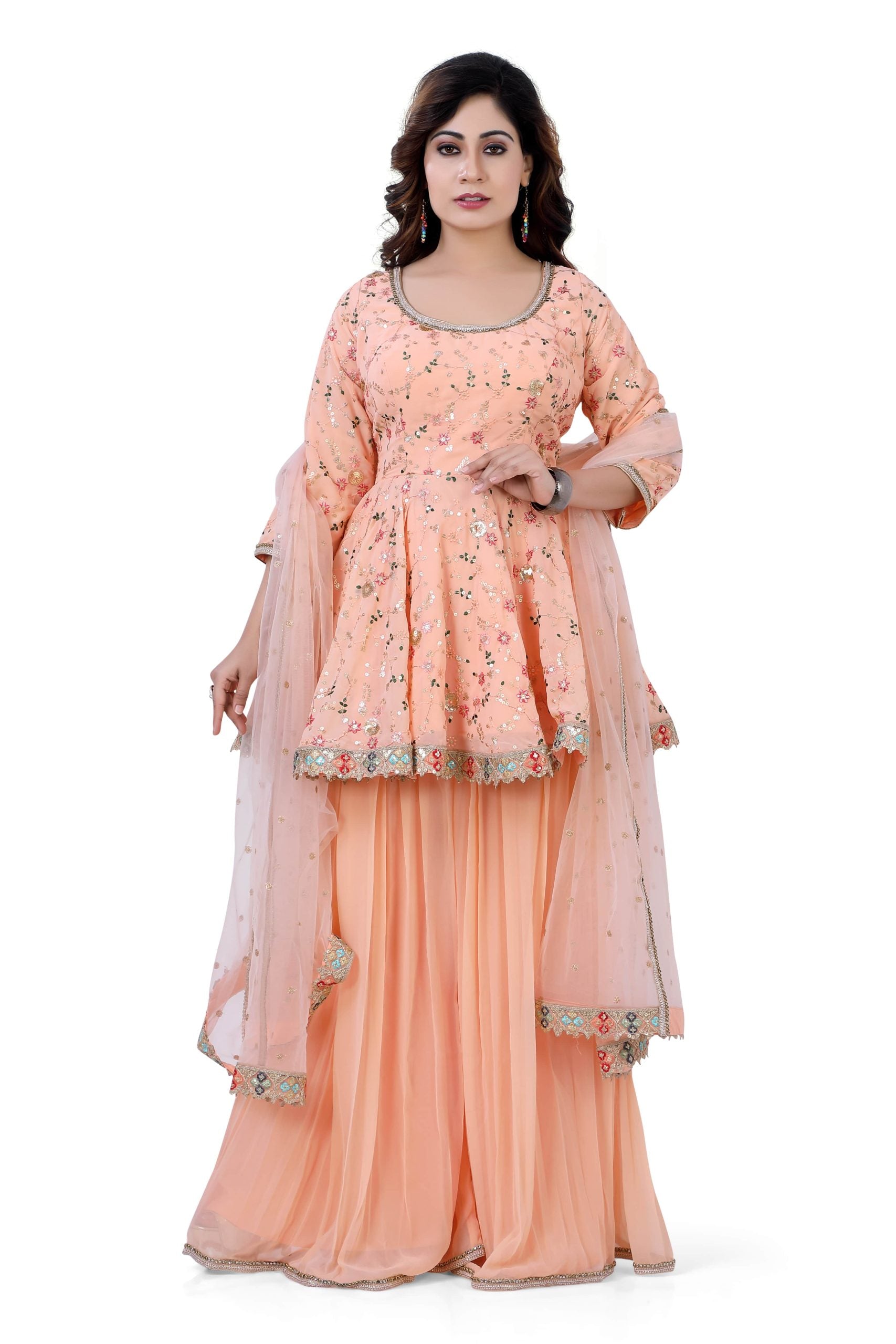 Peach Georgette Short Top with Gazing Plazzo - Premium Uncategorised from vendor-unknown - Just $179! Shop now at Dulhan Exclusives