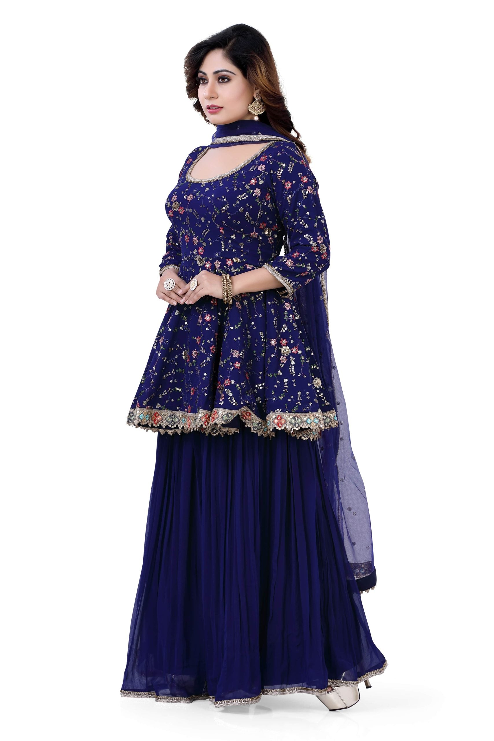 Royal Blue Georgette Short Top with Gazing Plazzo