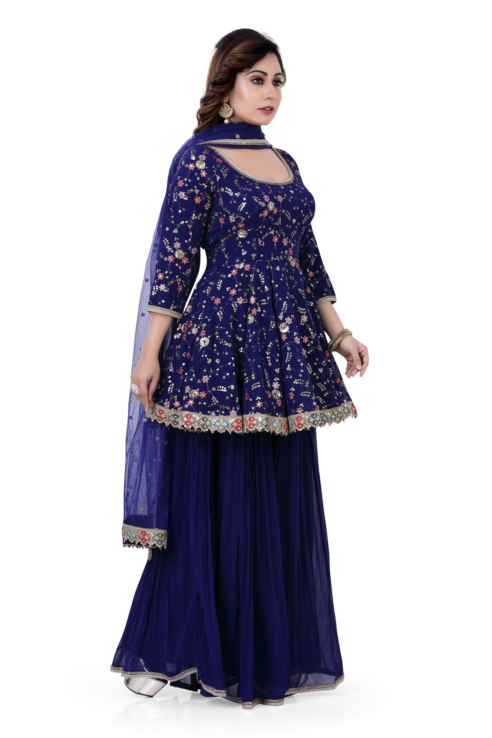 Royal Blue Georgette Short Top with Gazing Plazzo