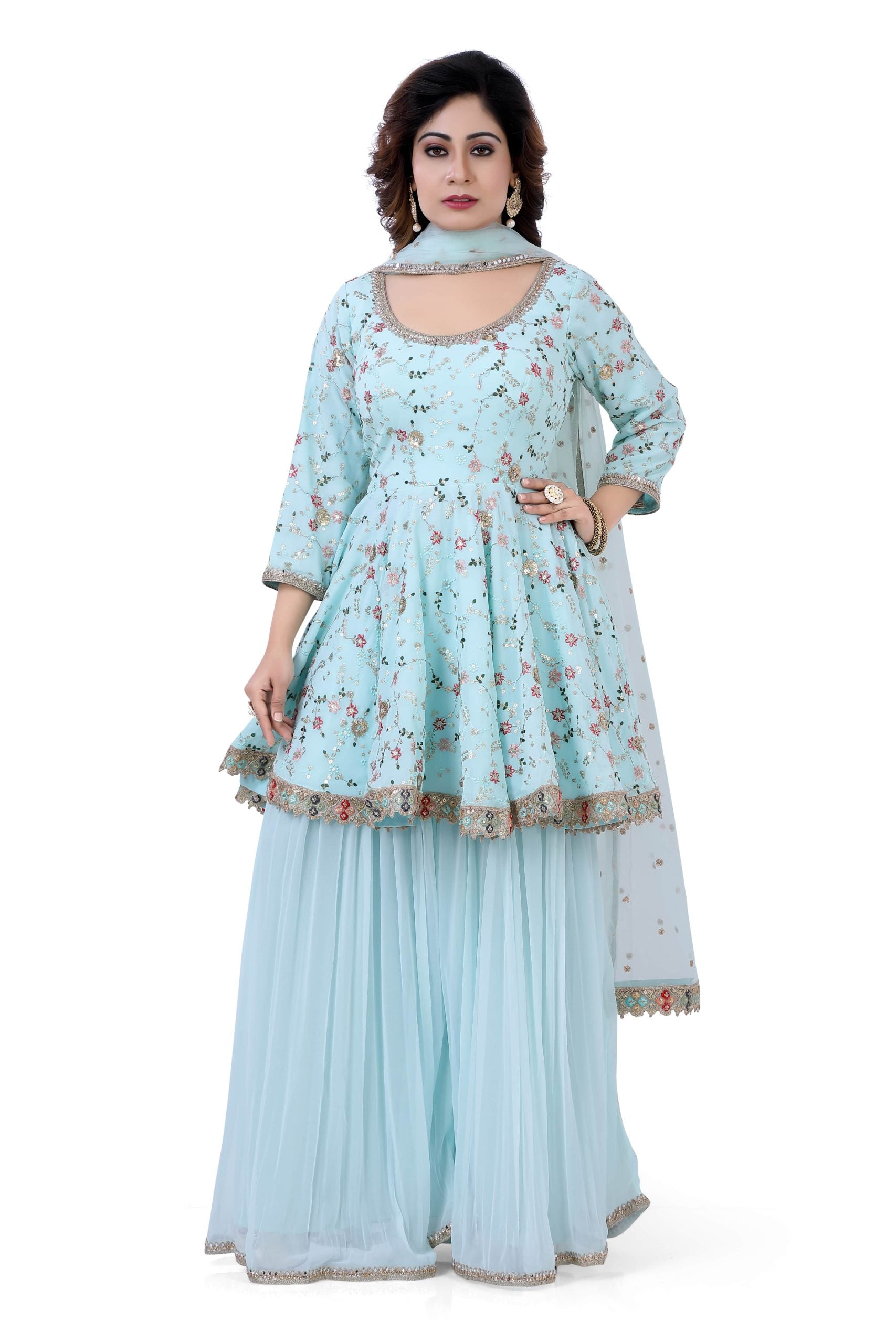 Sky Blue Georgette Short Top with Gazing Plazzo - Premium partywear plazzo from Dulhan Exclusives - Just $149! Shop now at Dulhan Exclusives