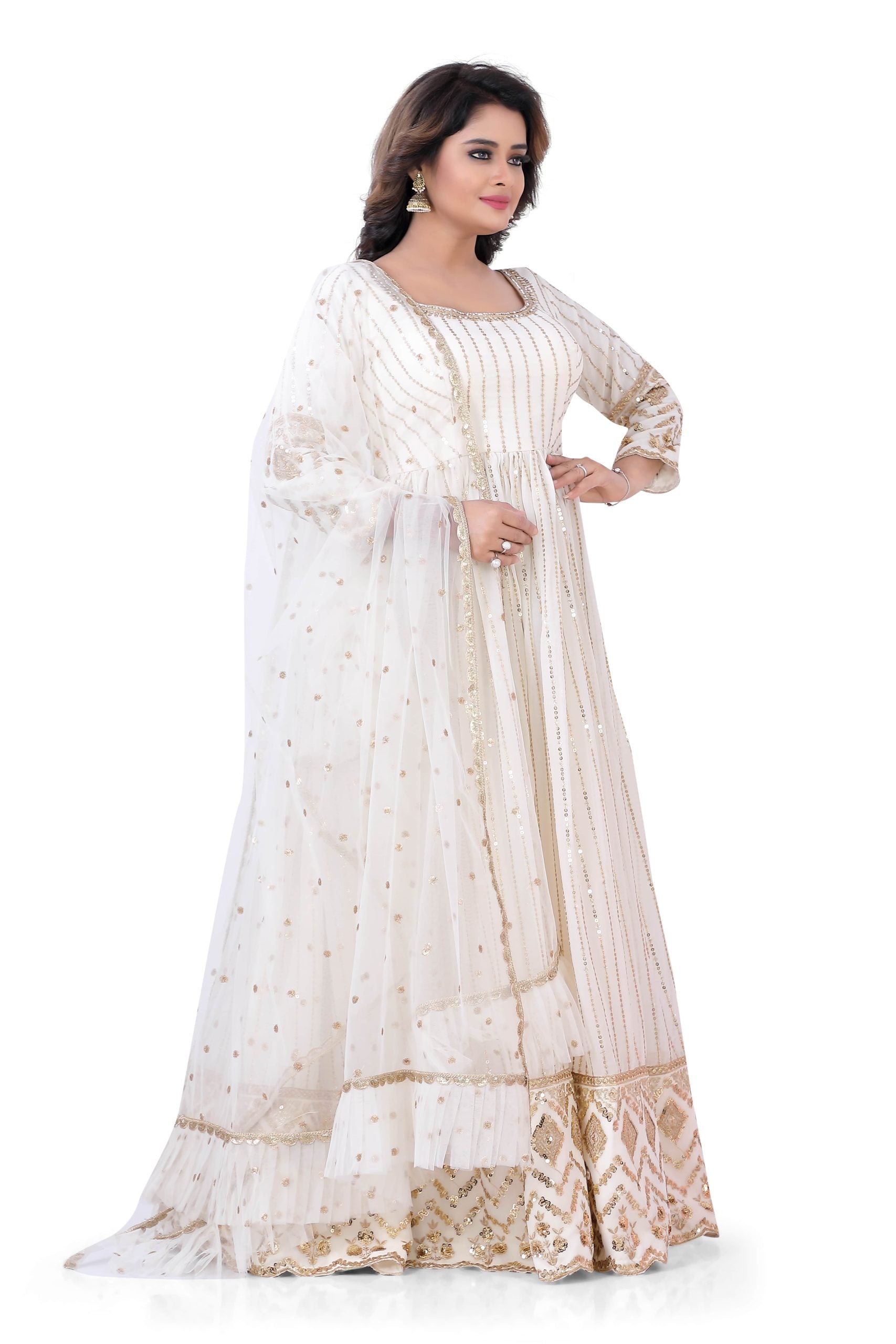 Featuring a White gown in Georgette base with sequins Work