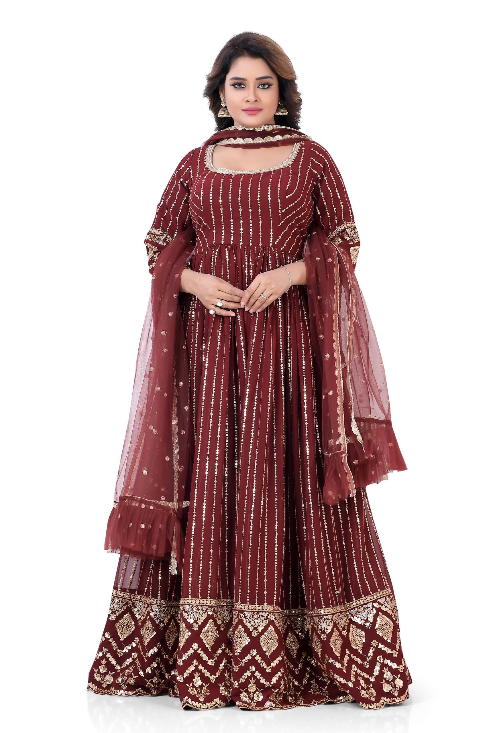 Maroon gown in Georgette base with sequins Work