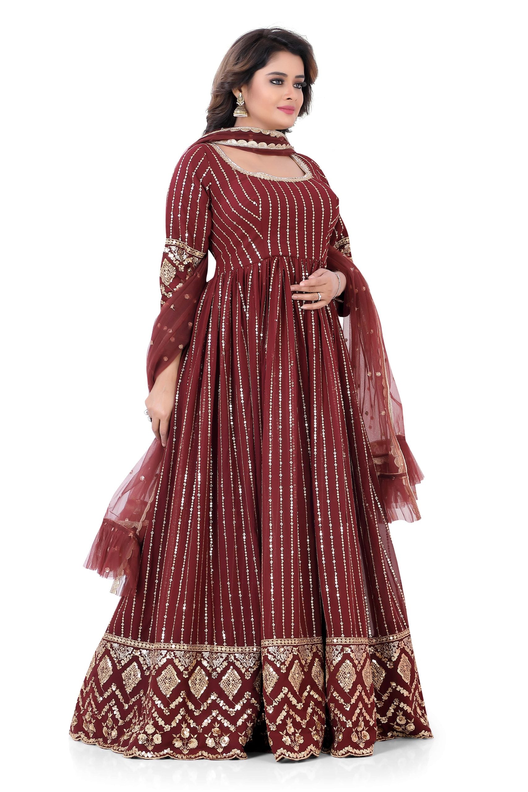 Maroon gown in Georgette base with sequins Work