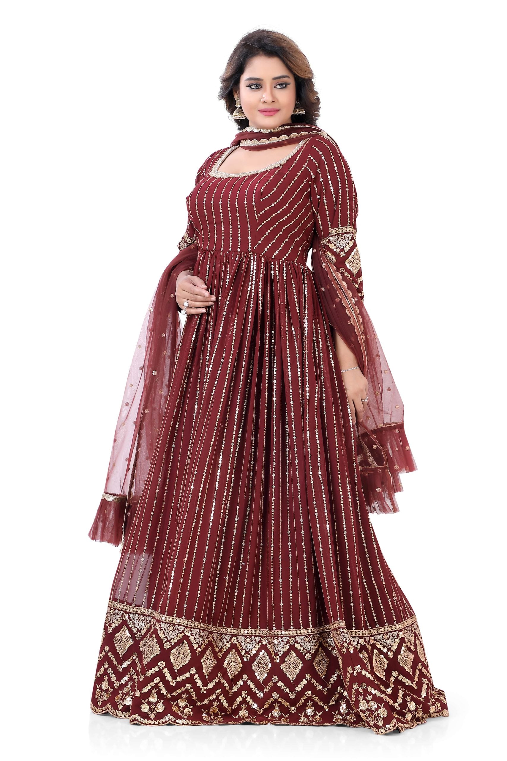 Maroon gown in Georgette base with sequins Work