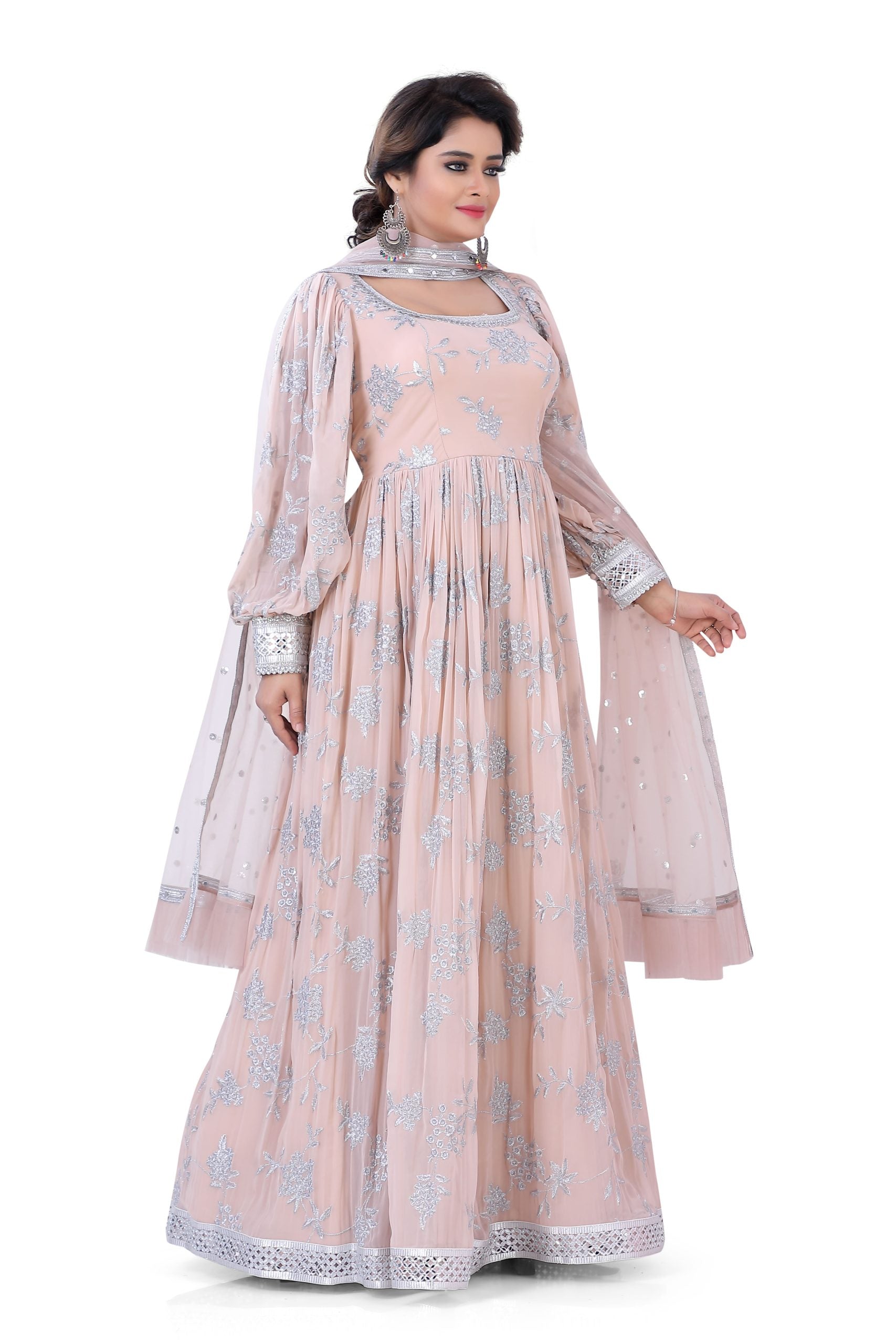 Dusty Pink Georgette Gown with Fancy Balloon Sleeve with Silver zari work