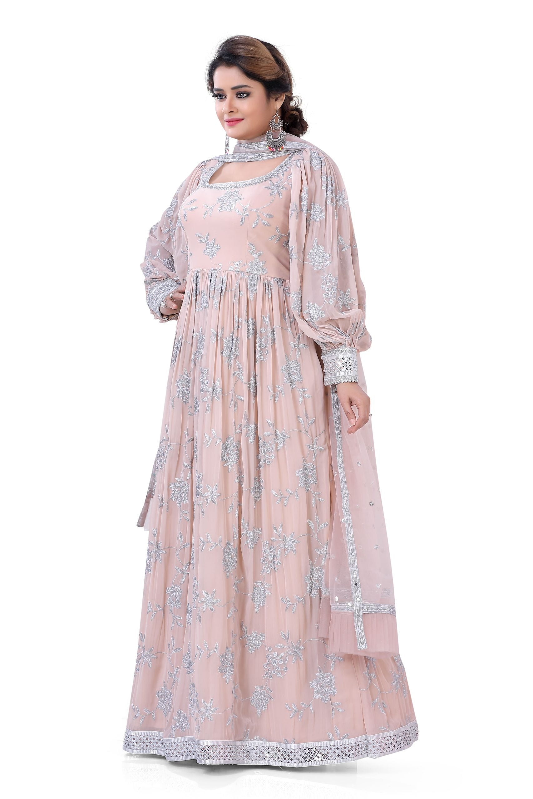 Dusty Pink Georgette Gown with Fancy Balloon Sleeve with Silver zari work