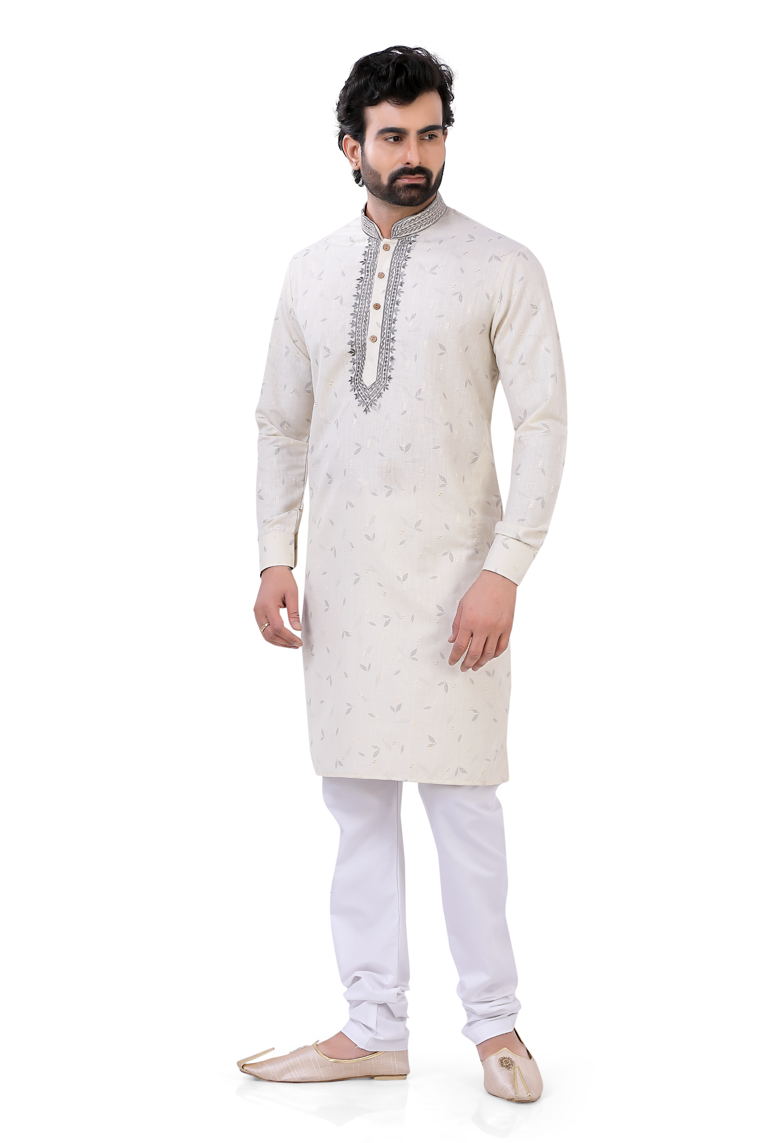 Printed cotton Kurta and Pajama in Cream with embroidery