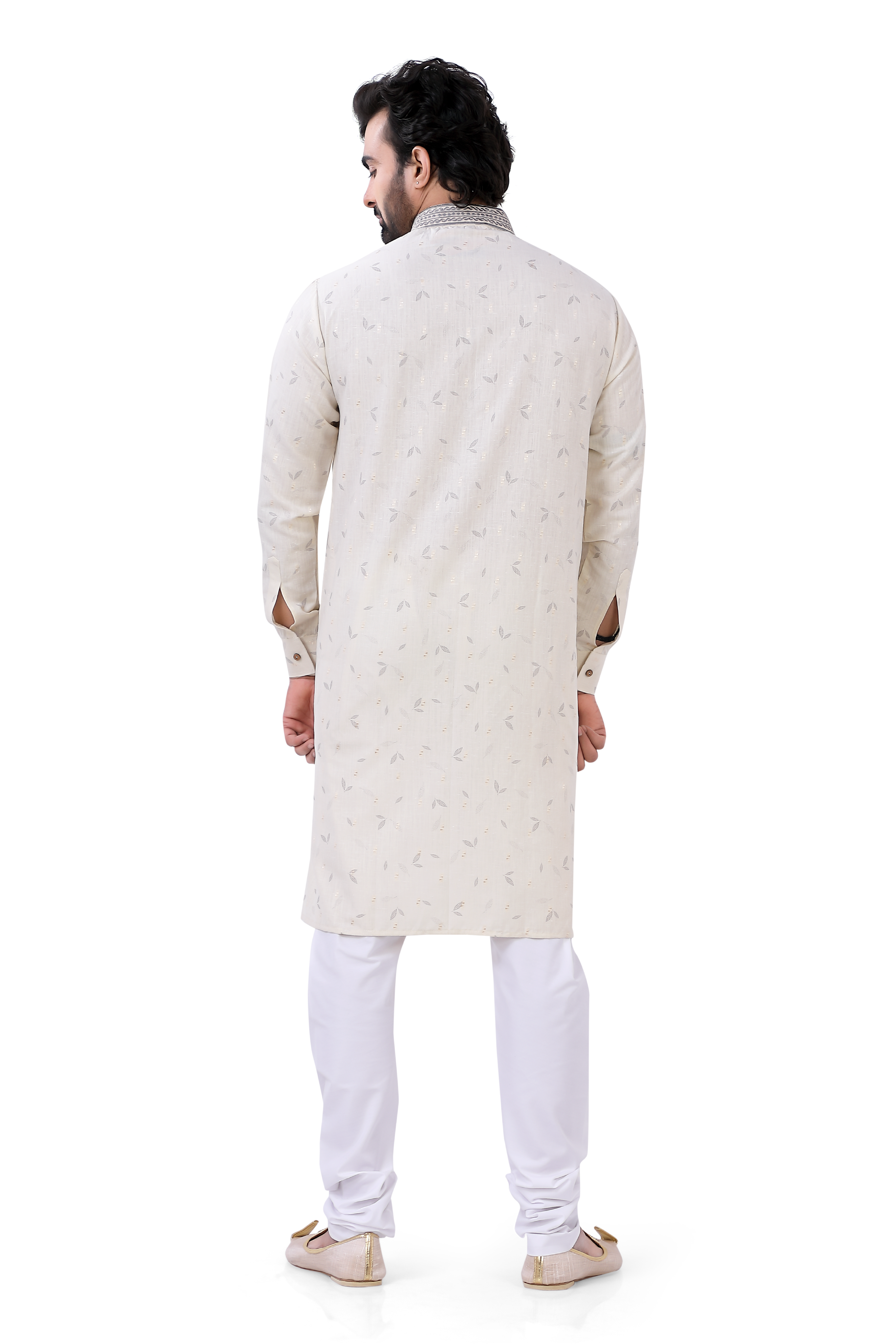 Printed cotton Kurta and Pajama in Cream with embroidery