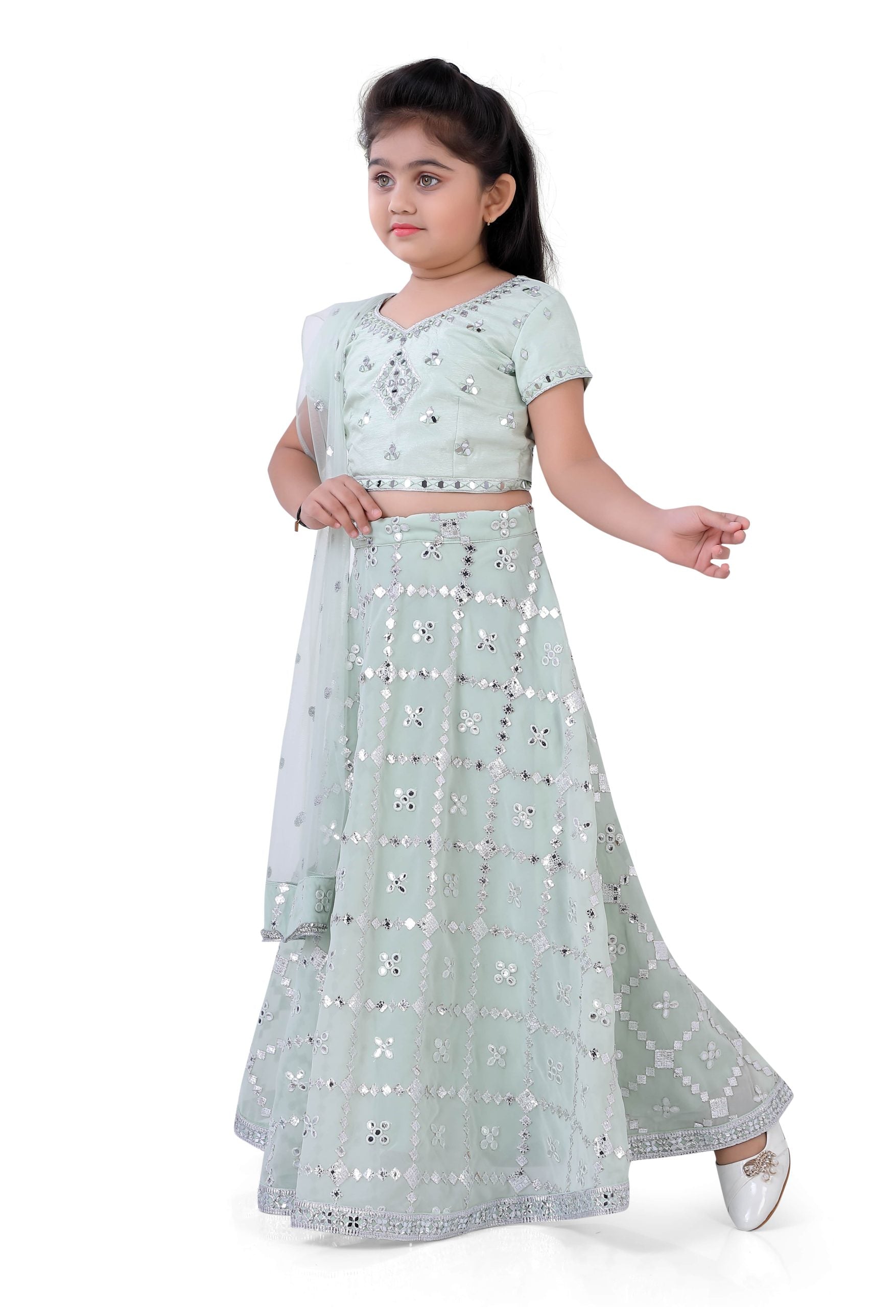 Faux Abhla Mirror Work Top And Ghaghra Set For Girls