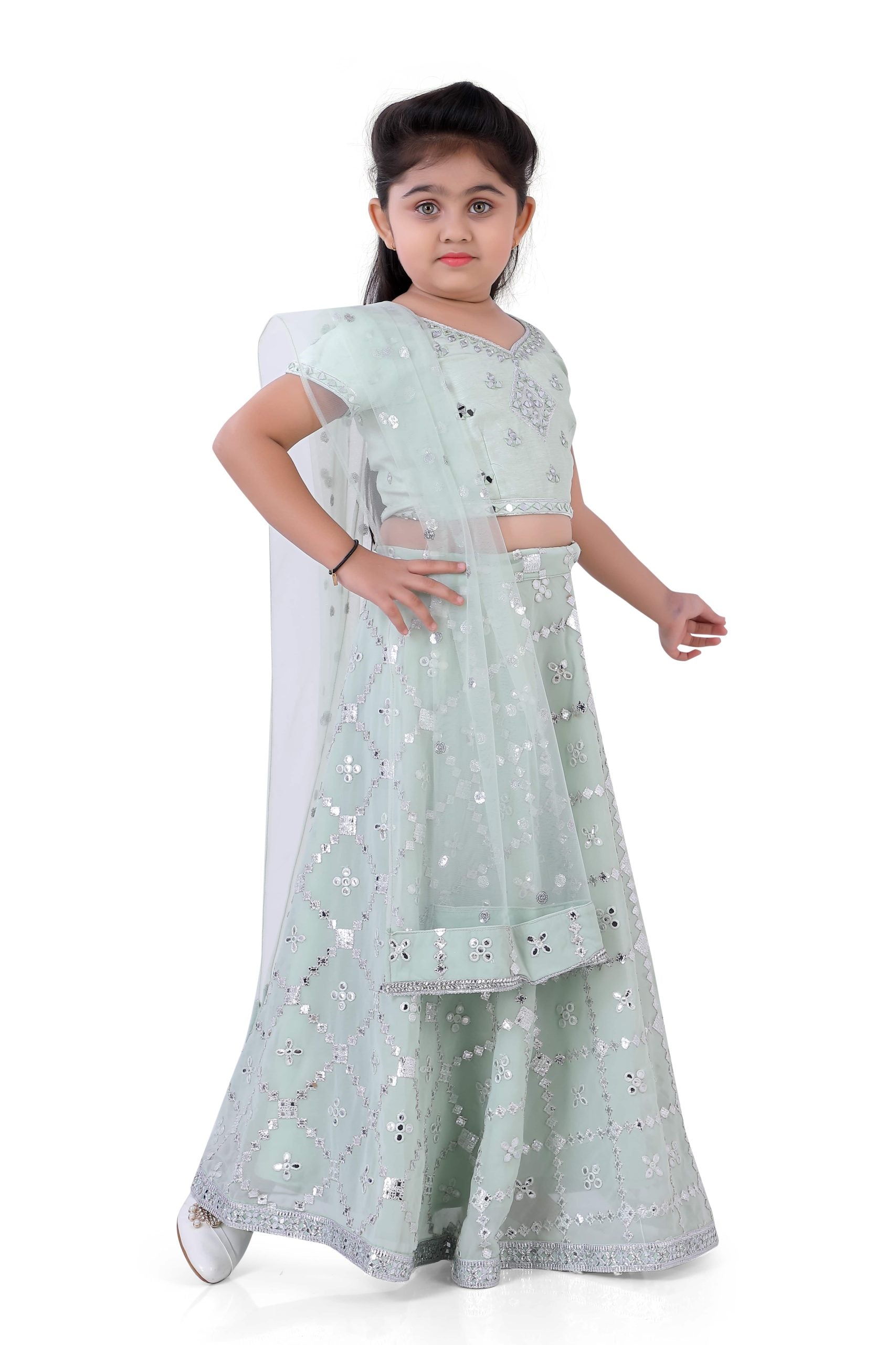 Faux Abhla Mirror Work Top And Ghaghra Set For Girls