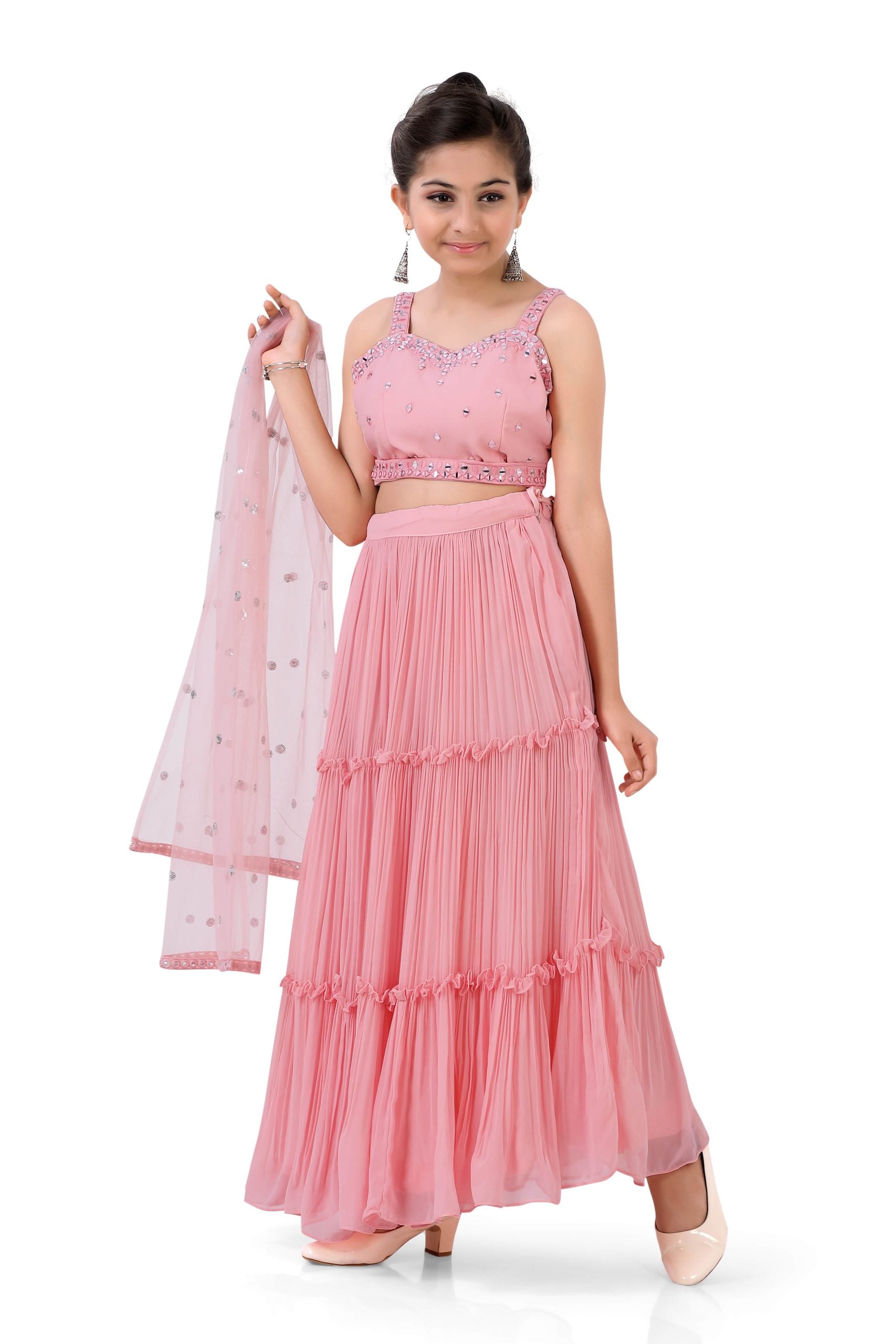 Girls Gazing Ghaghra Choli in Peach - Premium partywear ghagra from Dulhan Exclusives - Just $99! Shop now at Dulhan Exclusives
