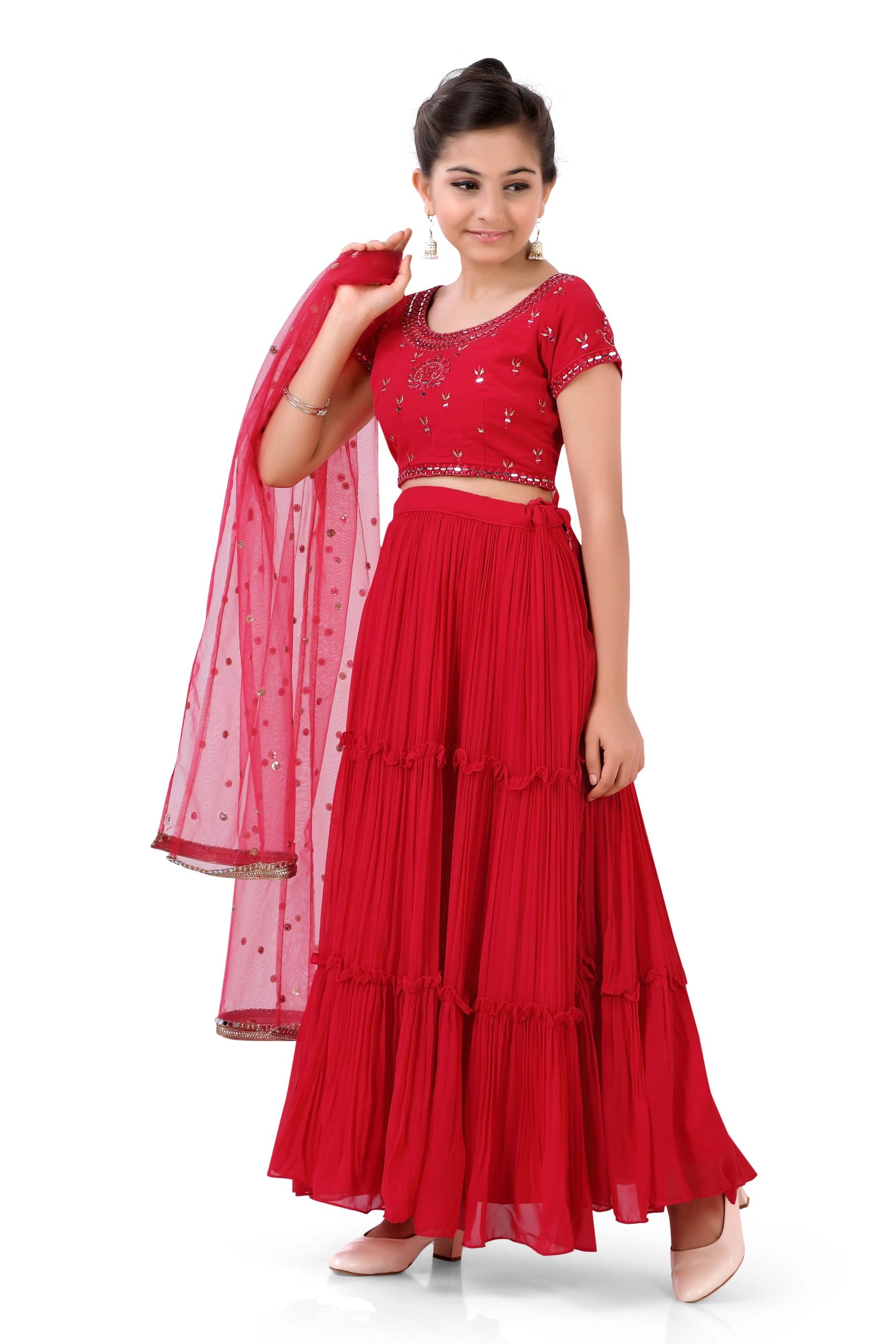 Girls Gazing Ghaghra Choli Dupatta in Red - Premium partywear ghagra from Dulhan Exclusives - Just $99! Shop now at Dulhan Exclusives