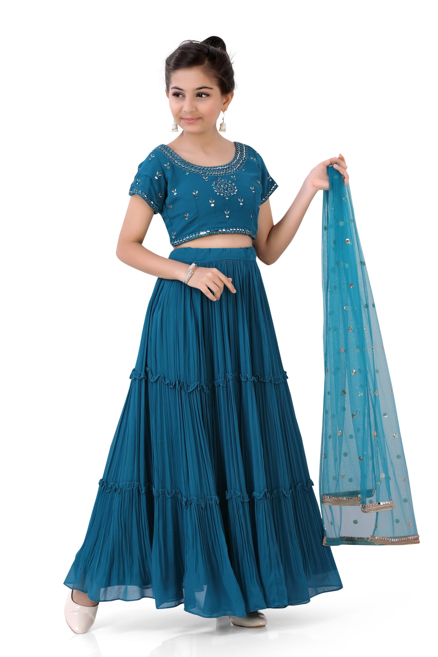 Girls Gazing Ghaghra Choli in Peacock Blue - Premium partywear ghaghra from Dulhan Exclusives - Just $99! Shop now at Dulhan Exclusives