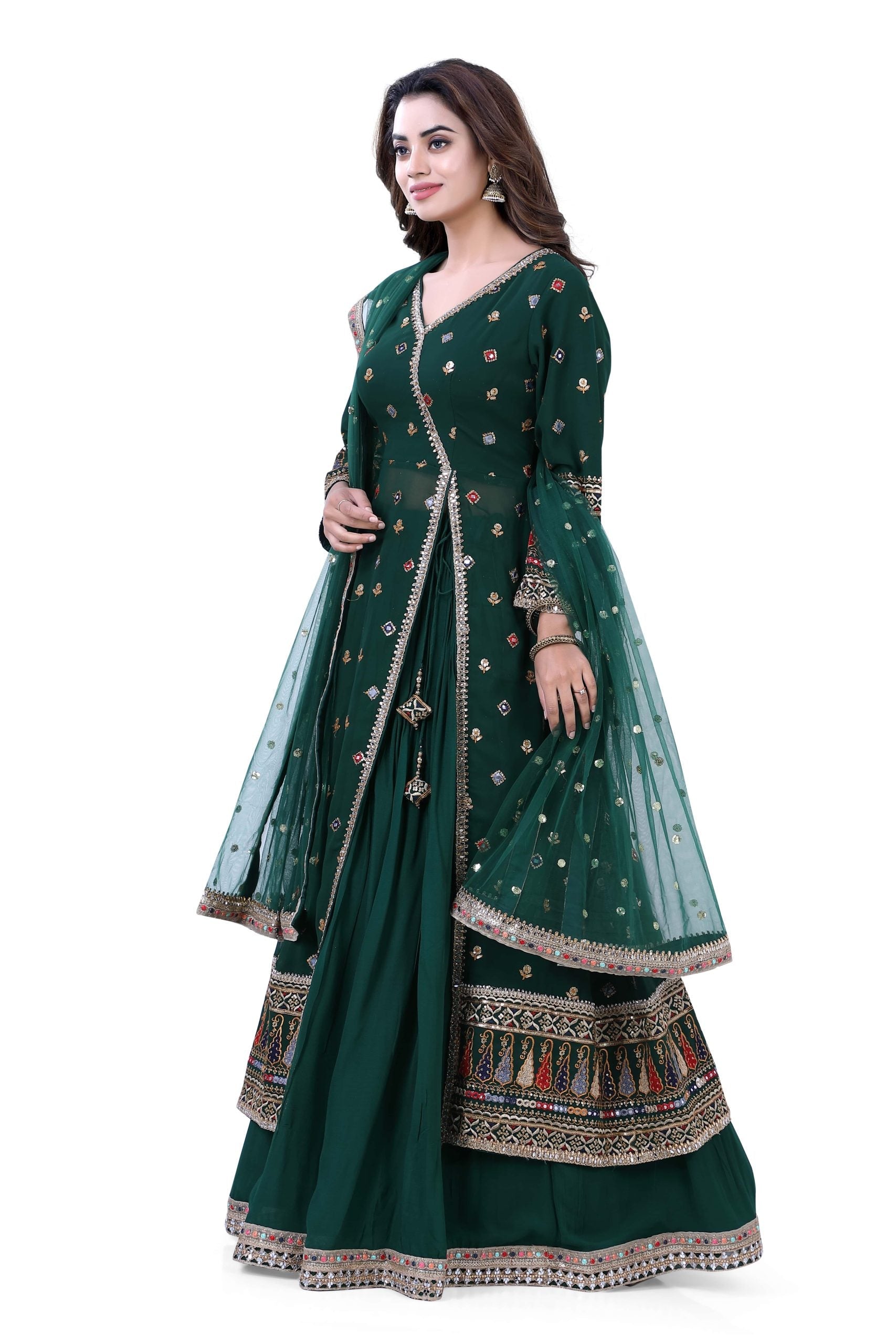 Bottle Green Aangrakha Jacket with Gazing Ghagra