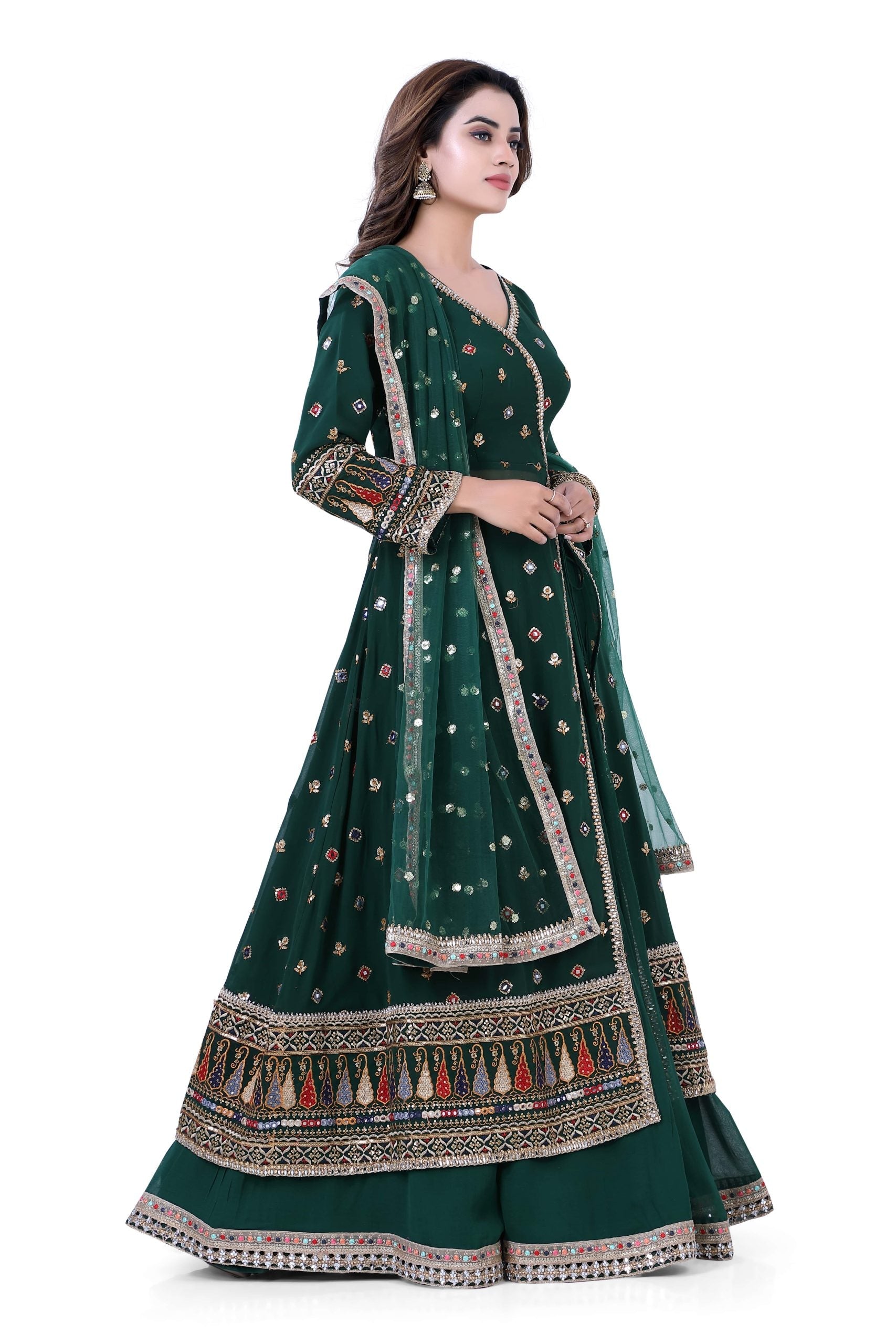 Bottle Green Aangrakha Jacket with Gazing Ghagra