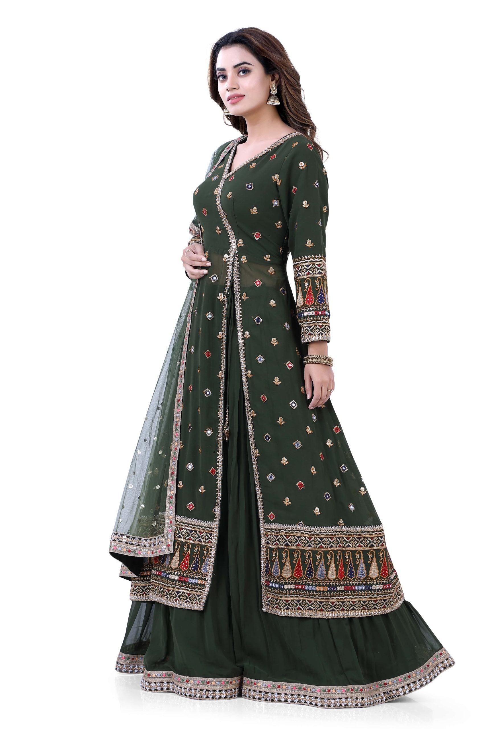 Mehendi Green Aangrakha Jacket with Gazing Ghagra