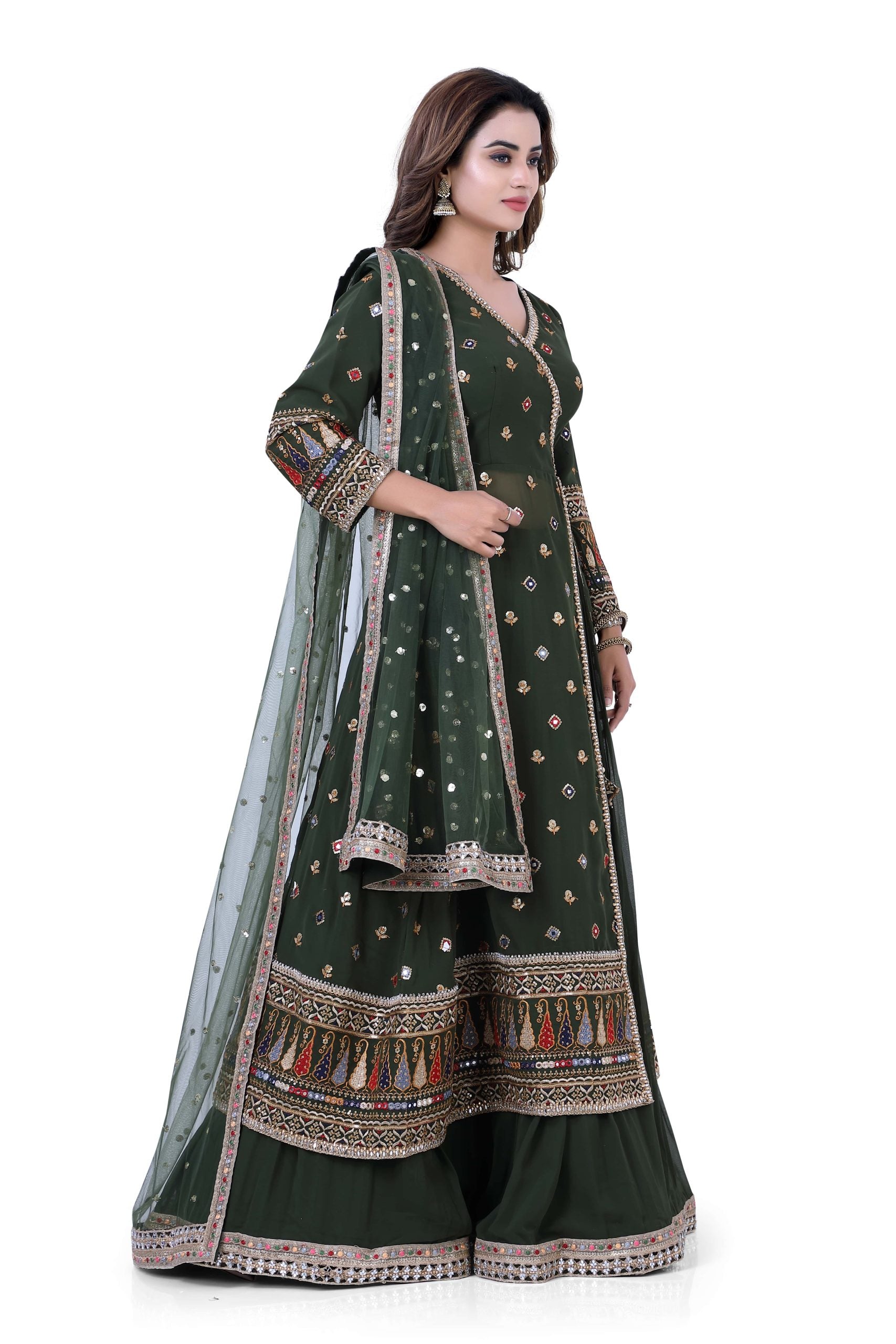 Mehendi Green Aangrakha Jacket with Gazing Ghagra