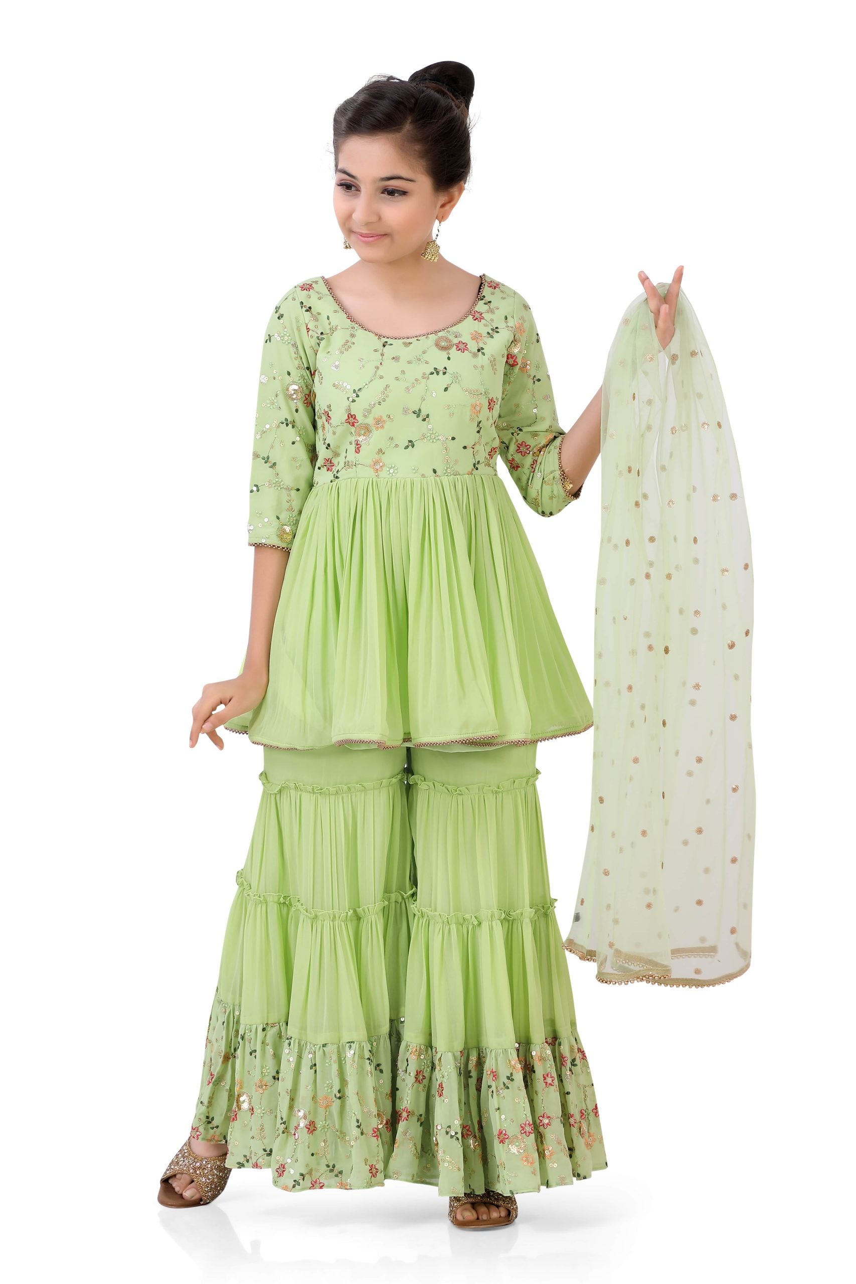 Girl's Sharara Suit in Pista Green with embroidery