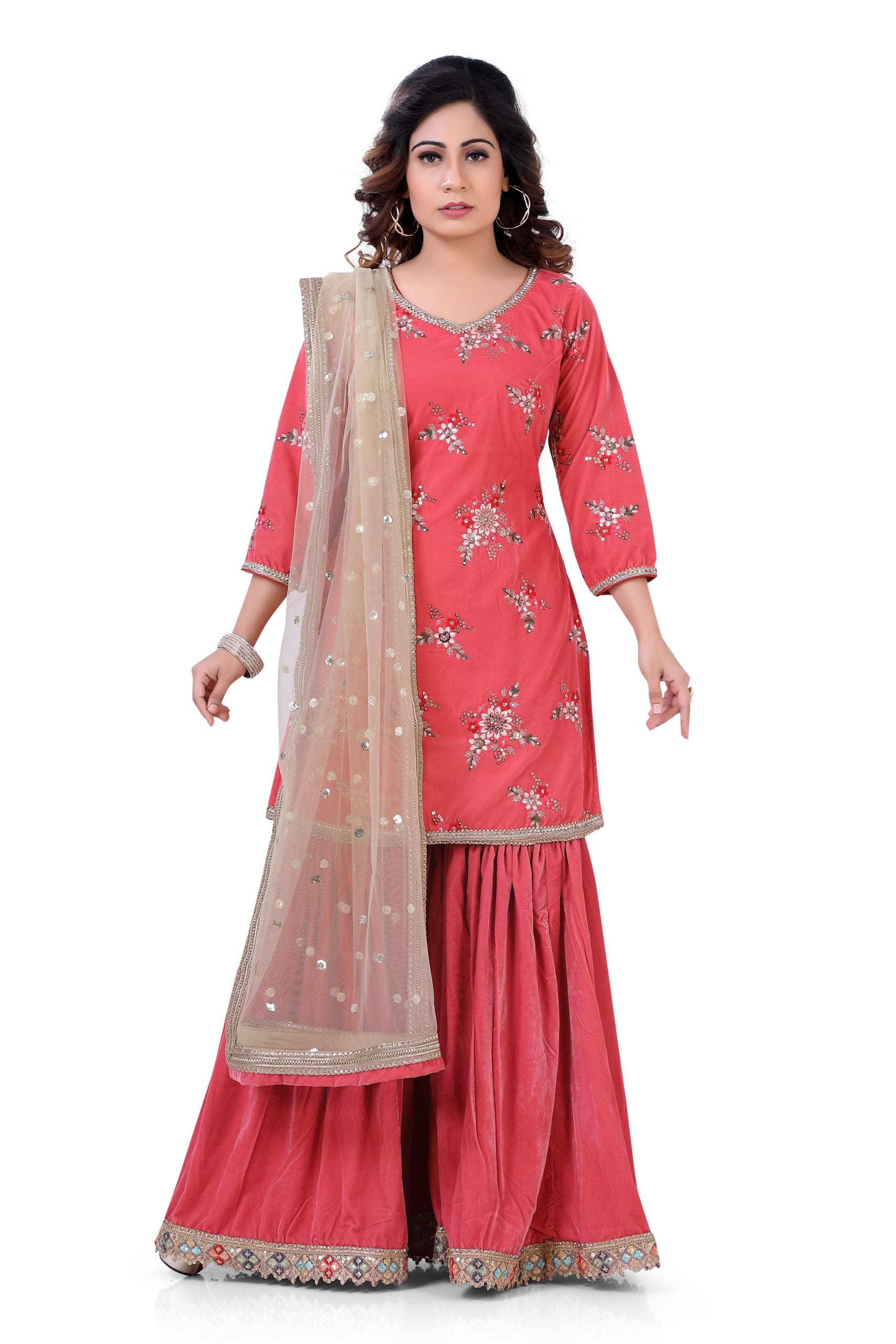 Velvet Gharara Suit in Peach Color