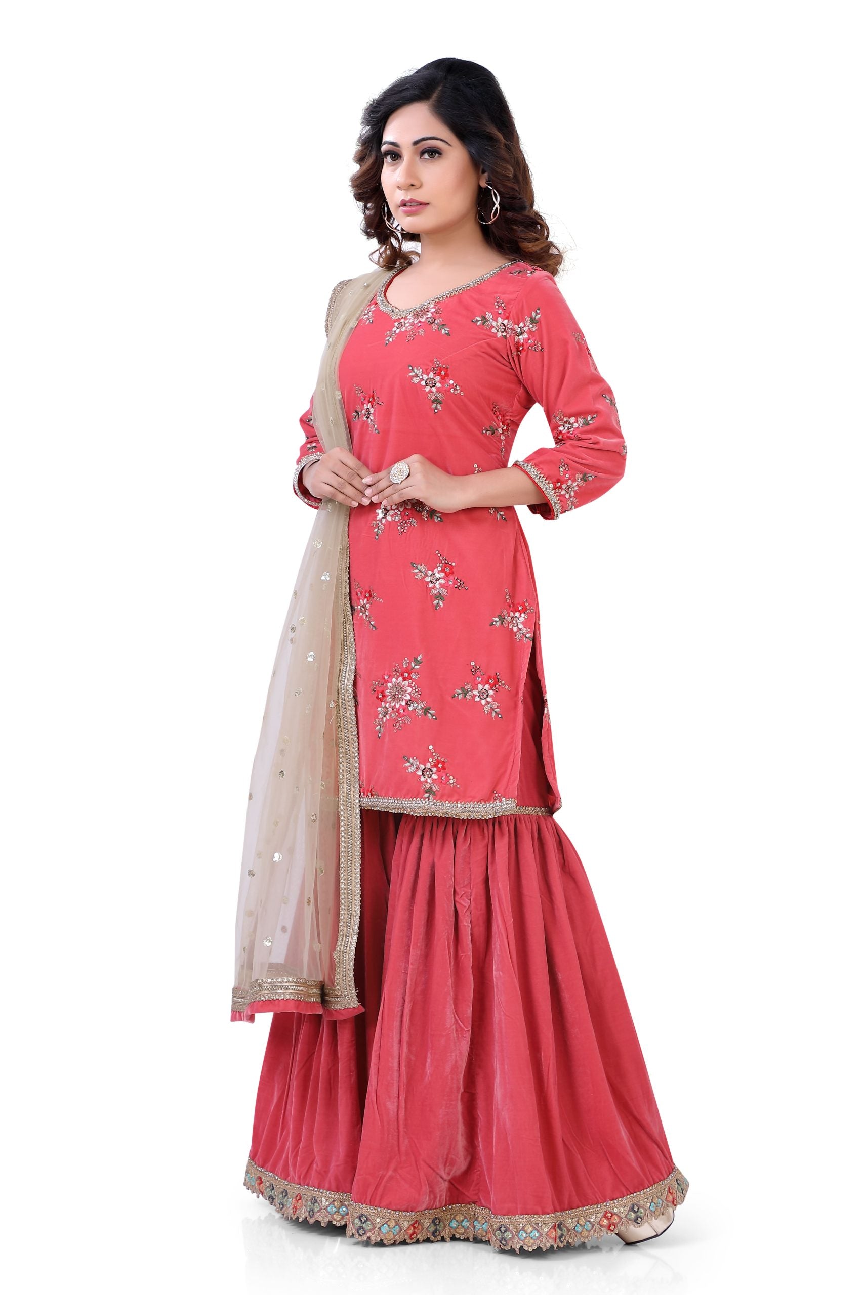 Velvet Gharara Suit in Peach Color