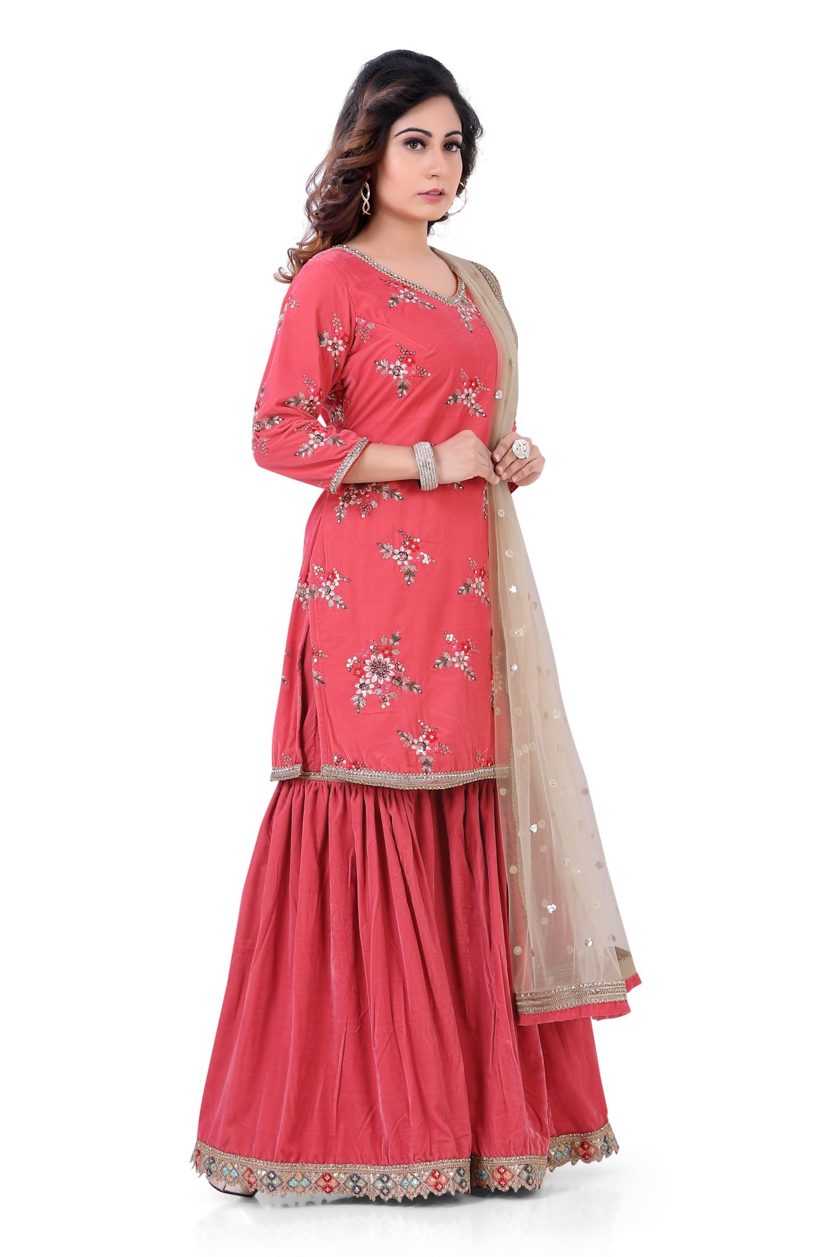 Velvet Gharara Suit in Peach Color