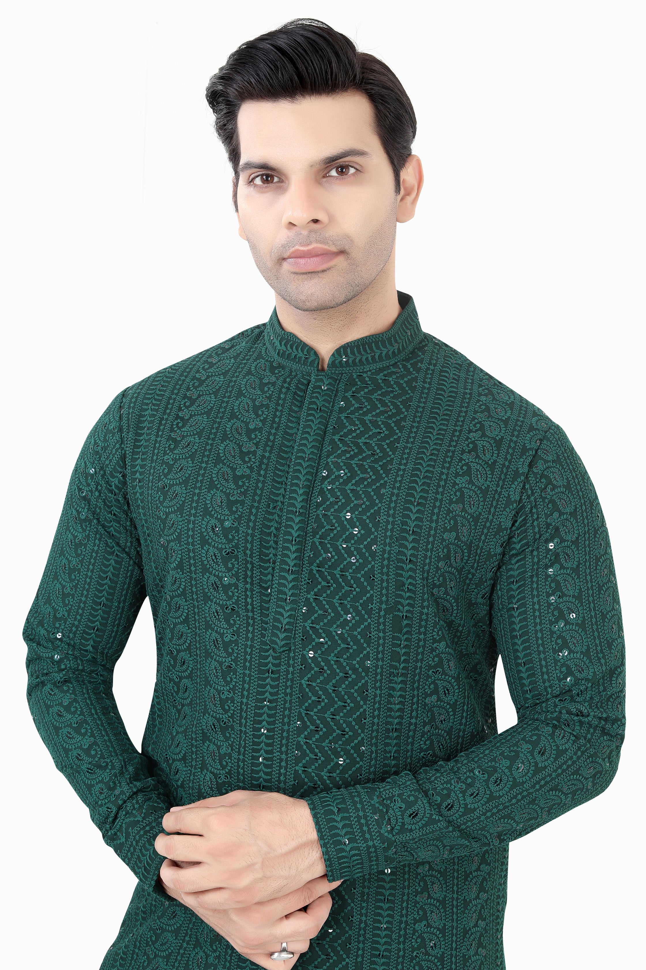 Lucknowi Kurta Pajama Set in Bottle Green- LCKP-009