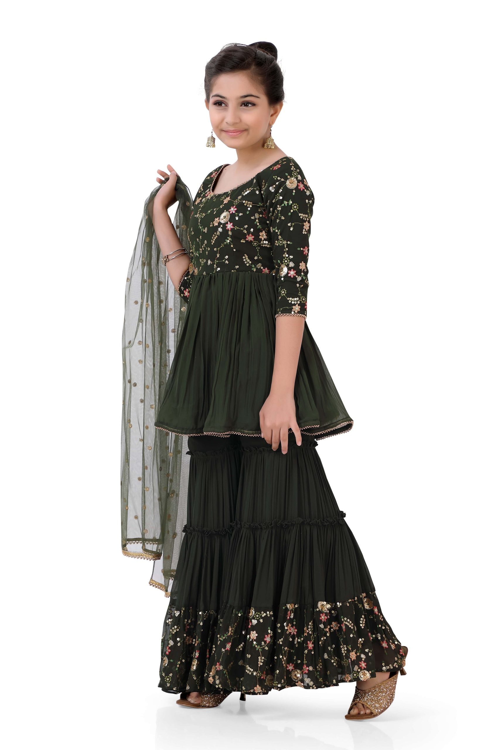 Girl's Sharara Suit in Mehendi Green with embroidery