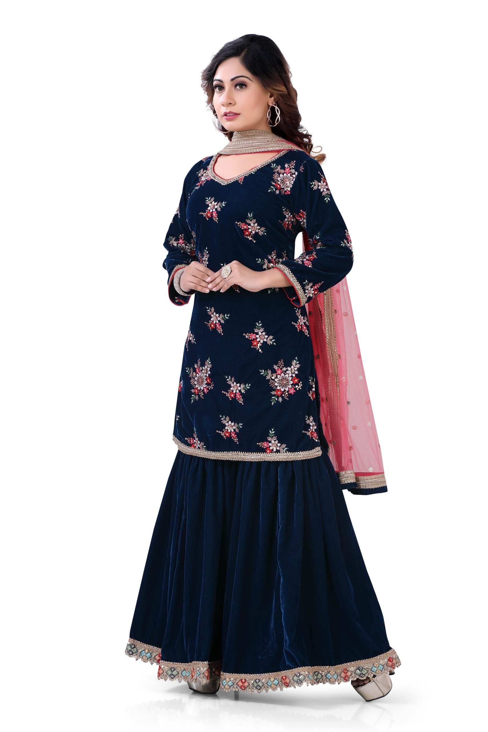 Velvet Gharara Suit in Teal Blue Color