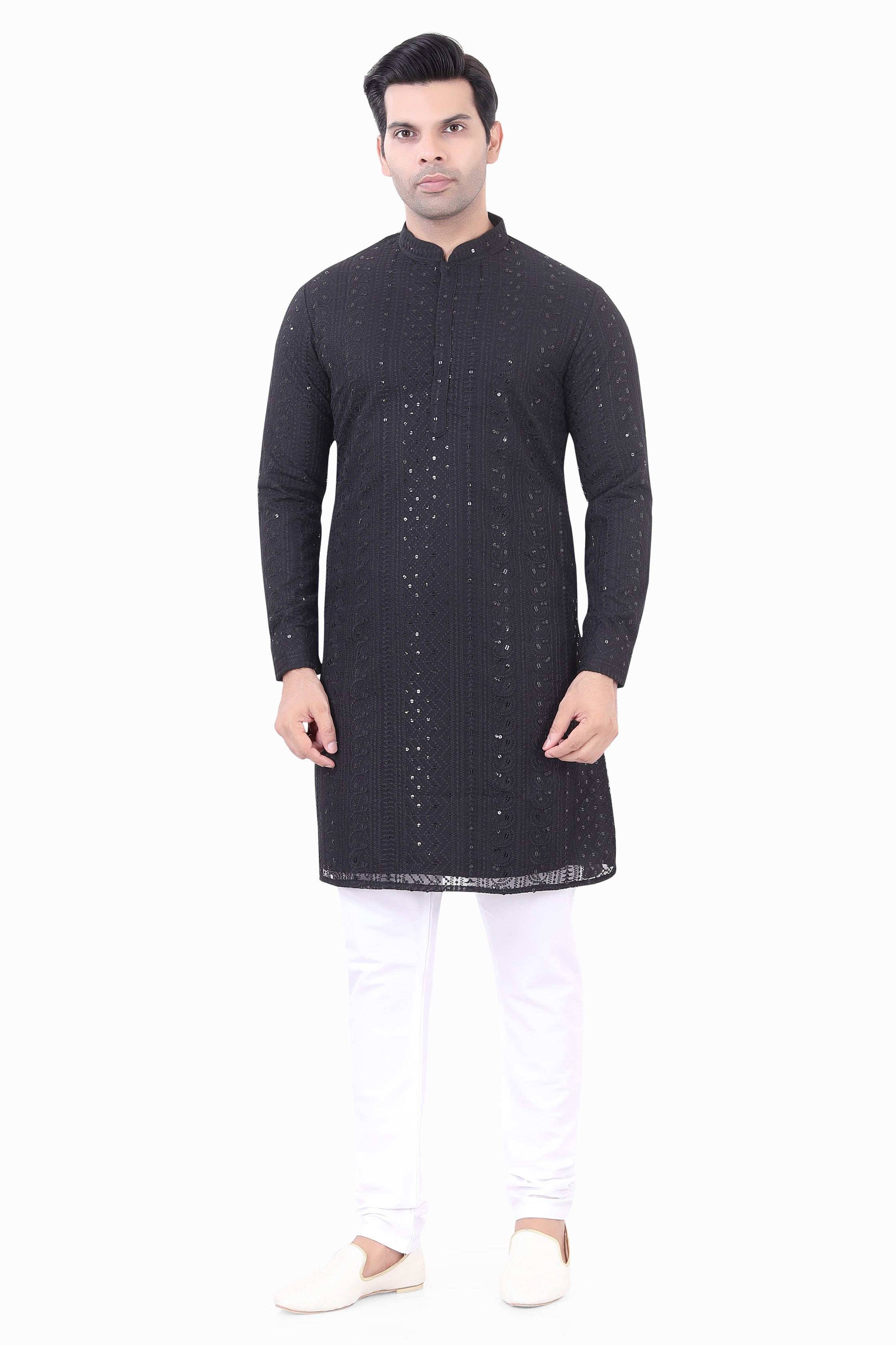 Lucknowi  Kurta Pajama Set in Black- LCKP-009