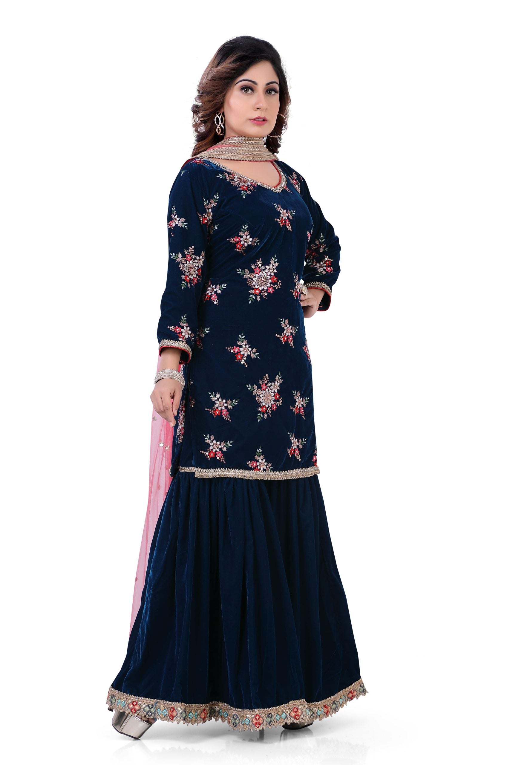 Velvet Gharara Suit in Teal Blue Color