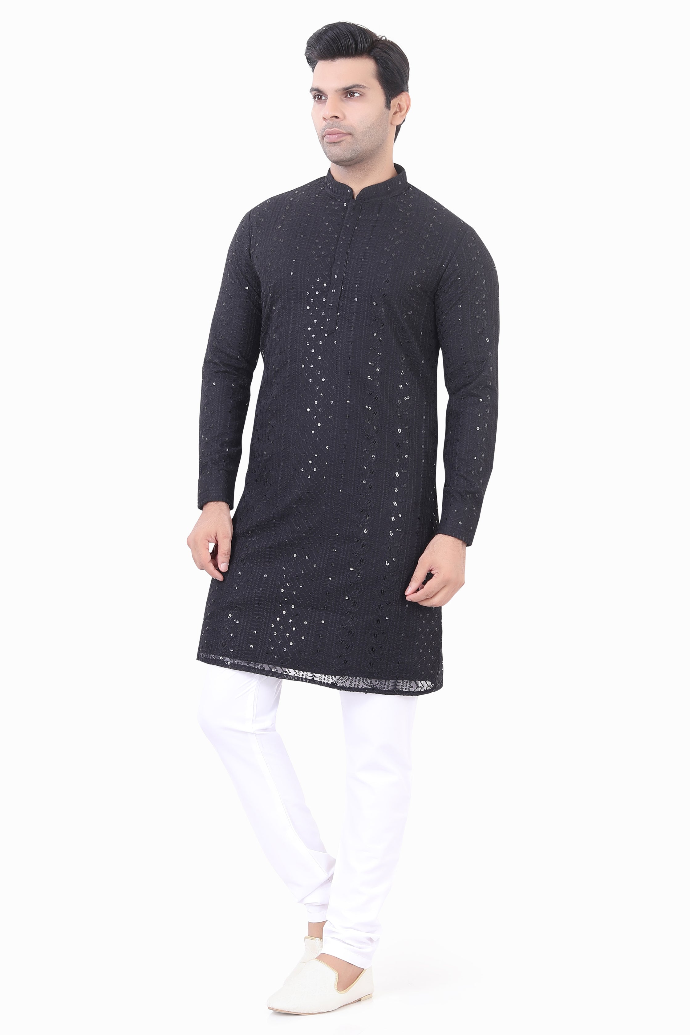 Lucknowi  Kurta Pajama Set in Black- LCKP-009