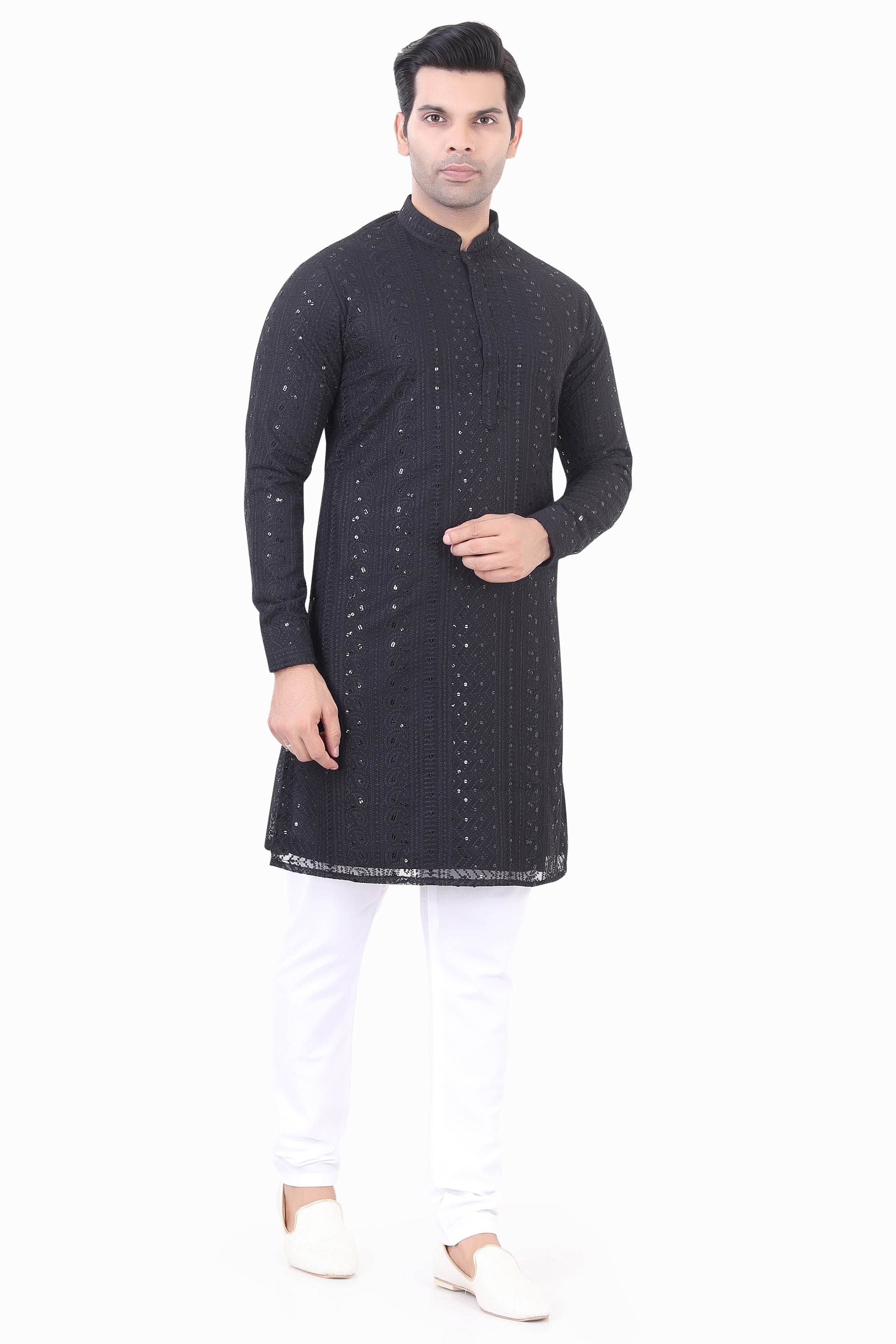 Lucknowi  Kurta Pajama Set in Black- LCKP-009