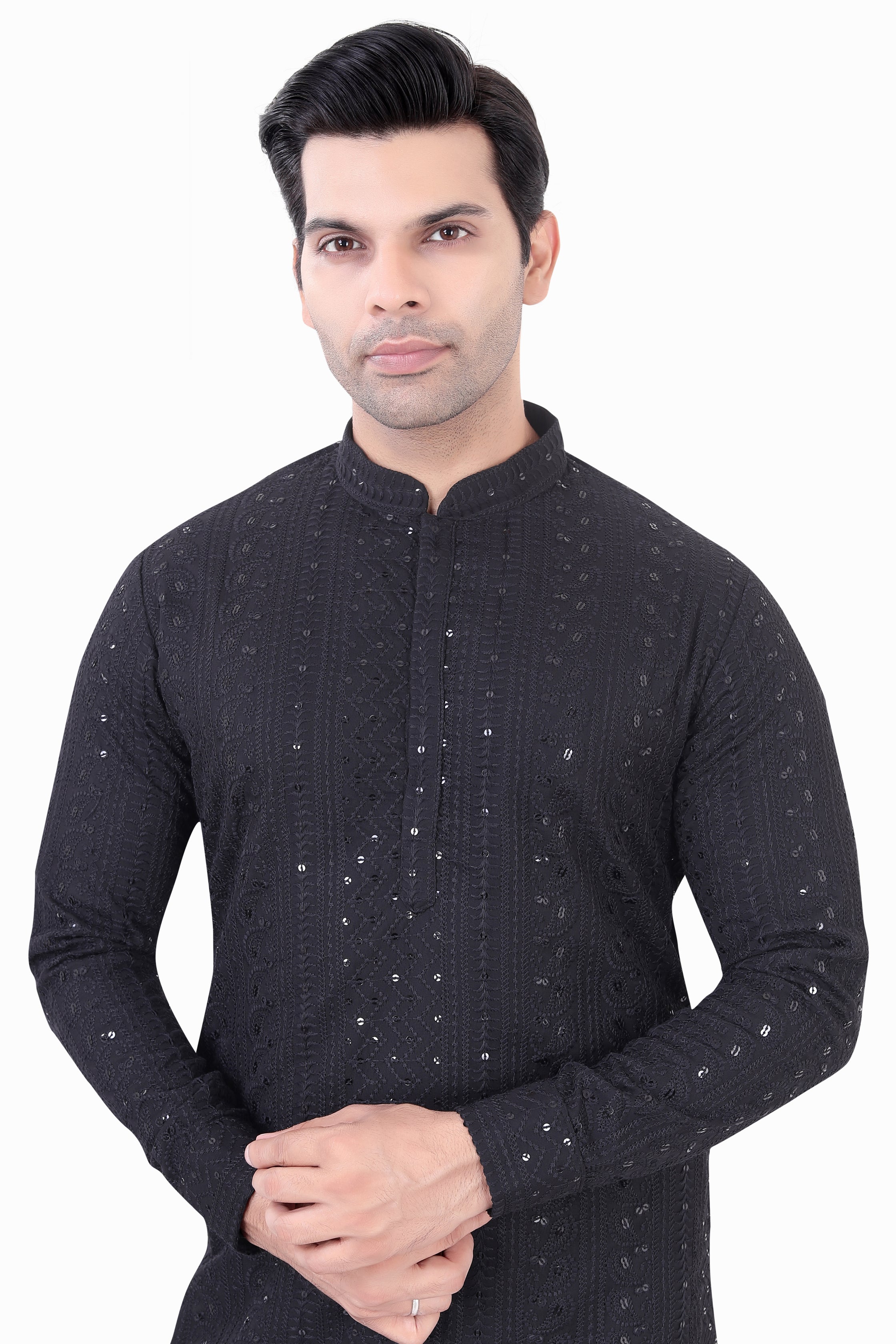 Lucknowi  Kurta Pajama Set in Black- LCKP-009